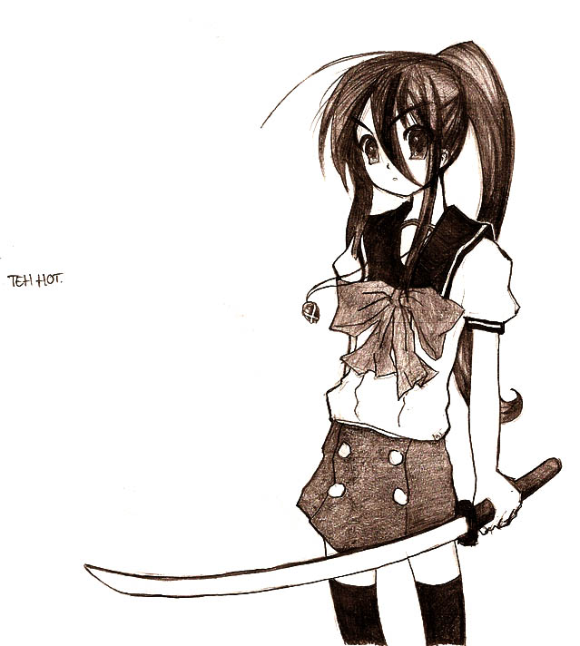 shana, shakugan no shana, 00s, monochrome, school uniform, serafuku, sketch, sword, thighhighs, weapon