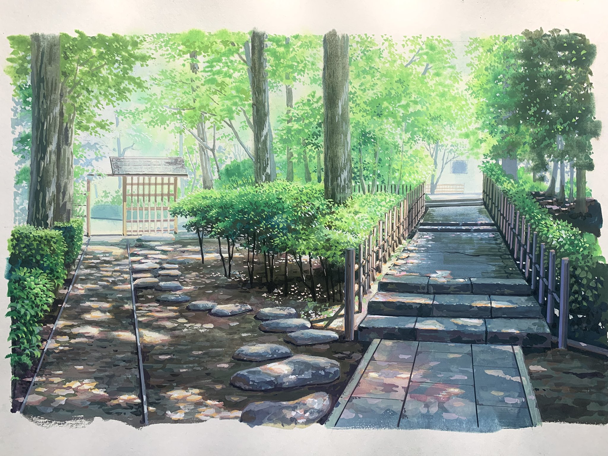 doremifa84, original, highres, bush, day, dirt road, fence, hedge, no humans, outdoors, park, path, picket fence, plant, road, scenery, shadow, stepping stones, sunlight, tile floor, tiles, tree, tree shade, wooden fence
