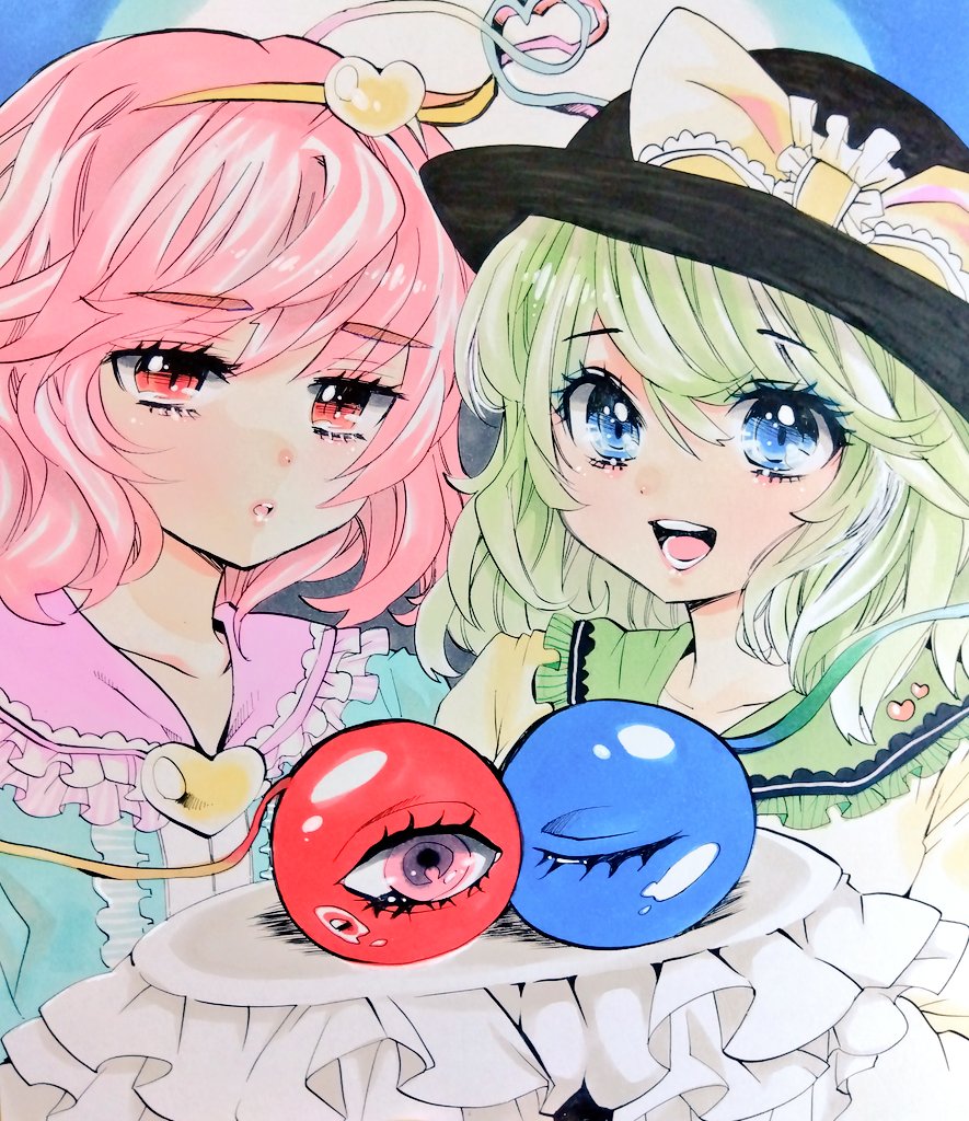 matsuppoi, komeiji koishi, komeiji satori, touhou, 2girls, blue eyes, blue shirt, bowler hat, collared shirt, green hair, hat, holding, holding plate, looking at viewer, medium hair, multiple girls, pink eyes, pink hair, plate, shirt, yellow shirt