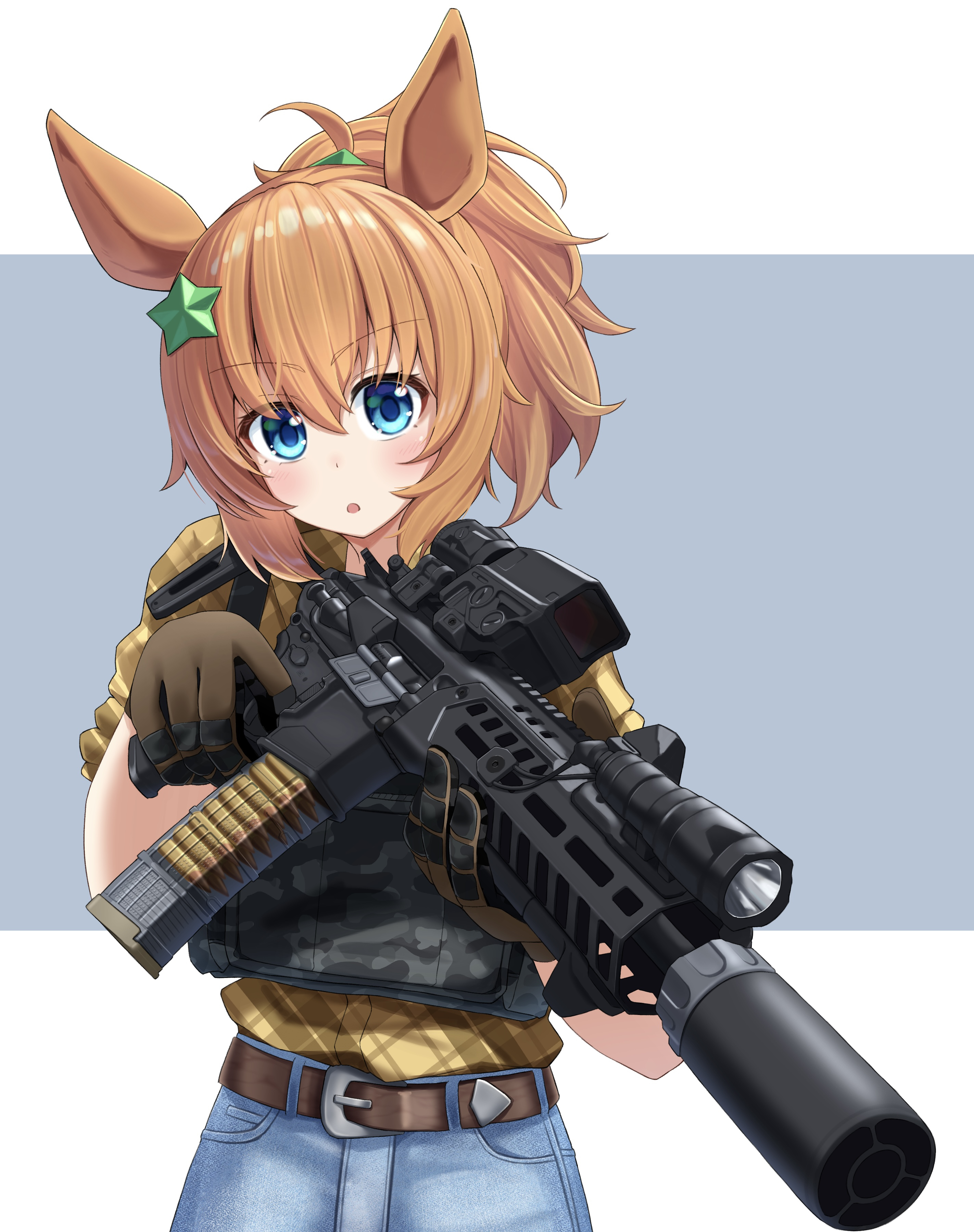 yamada (c57hikaru), taiki shuttle (umamusume), umamusume, absurdres, check weapon, commentary request, highres, weapon request, 1girl, animal ears, ar-15, assault rifle, belt, blue eyes, blush, breasts, brown belt, brown gloves, brown hair, brown shirt, bulletproof vest, denim, finger on trigger, flashlight, gloves, gun, hair ornament, holding, holding gun, holding weapon, horse ears, horse girl, horse tail, jeans, large breasts, long hair, magazine (weapon), open mouth, optical sight, pants, plaid clothes, plaid shirt, ponytail, rifle, shirt, simple background, star (symbol), star hair ornament, suppressor, tail, very long hair, weapon, white background
