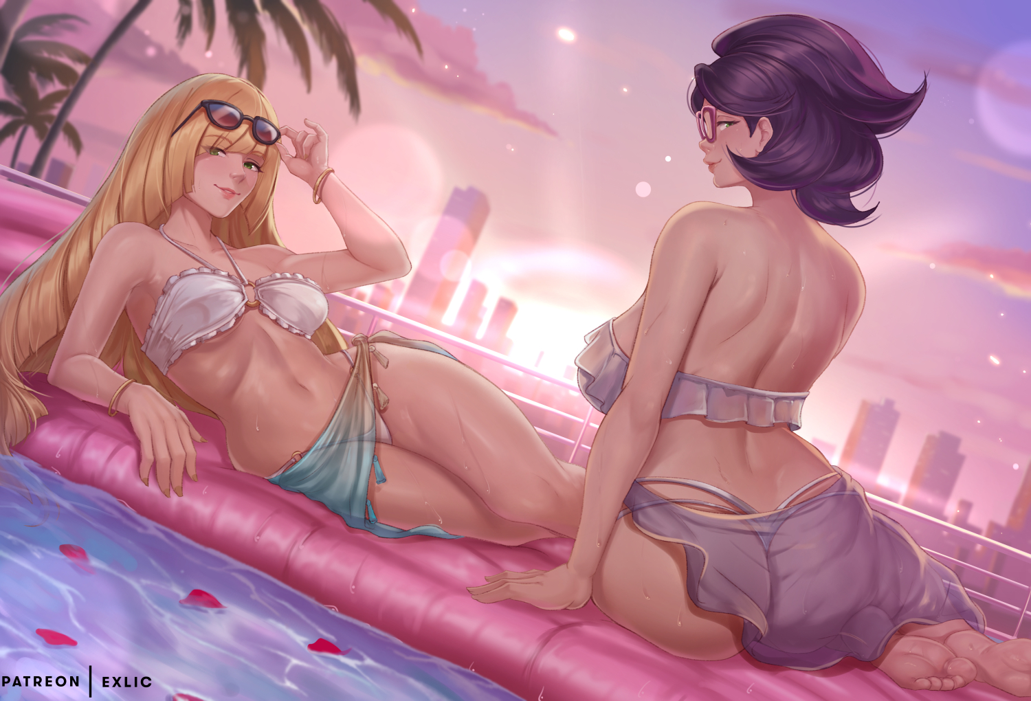 exlic, lusamine (pokemon), wicke (pokemon), nintendo, pokemon, pokemon sm, 2girls, ass, big hair, bikini, black-framed eyewear, blonde hair, breasts, building, cloud, eyewear on head, glasses, green eyes, green sarong, hair over one eye, inflatable raft, large breasts, long hair, lying, mature female, medium breasts, multiple girls, navel, o-ring, o-ring bikini, o-ring top, on side, outdoors, palm tree, pool, purple bikini, purple hair, purple sarong, red-framed eyewear, sarong, sitting, skyscraper, smile, sunglasses, swimsuit, tree, very long hair, white bikini, yokozuwari