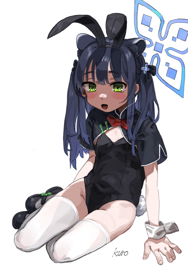 kuro4221, shun (blue archive), shun (small) (blue archive), blue archive, commentary request, 1girl, alternate costume, animal ears, black hair, black leotard, black ribbon, black shoes, blue hair, blush, bow, breasts, fake animal ears, fake tail, gradient hair, green eyes, hair ribbon, leotard, long hair, looking at viewer, multicolored hair, open mouth, playboy bunny, rabbit ears, red bow, ribbon, shoes, sidelocks, signature, simple background, sitting, small breasts, solo, tail, thighhighs, twintails, white background, white thighhighs, wrist cuffs