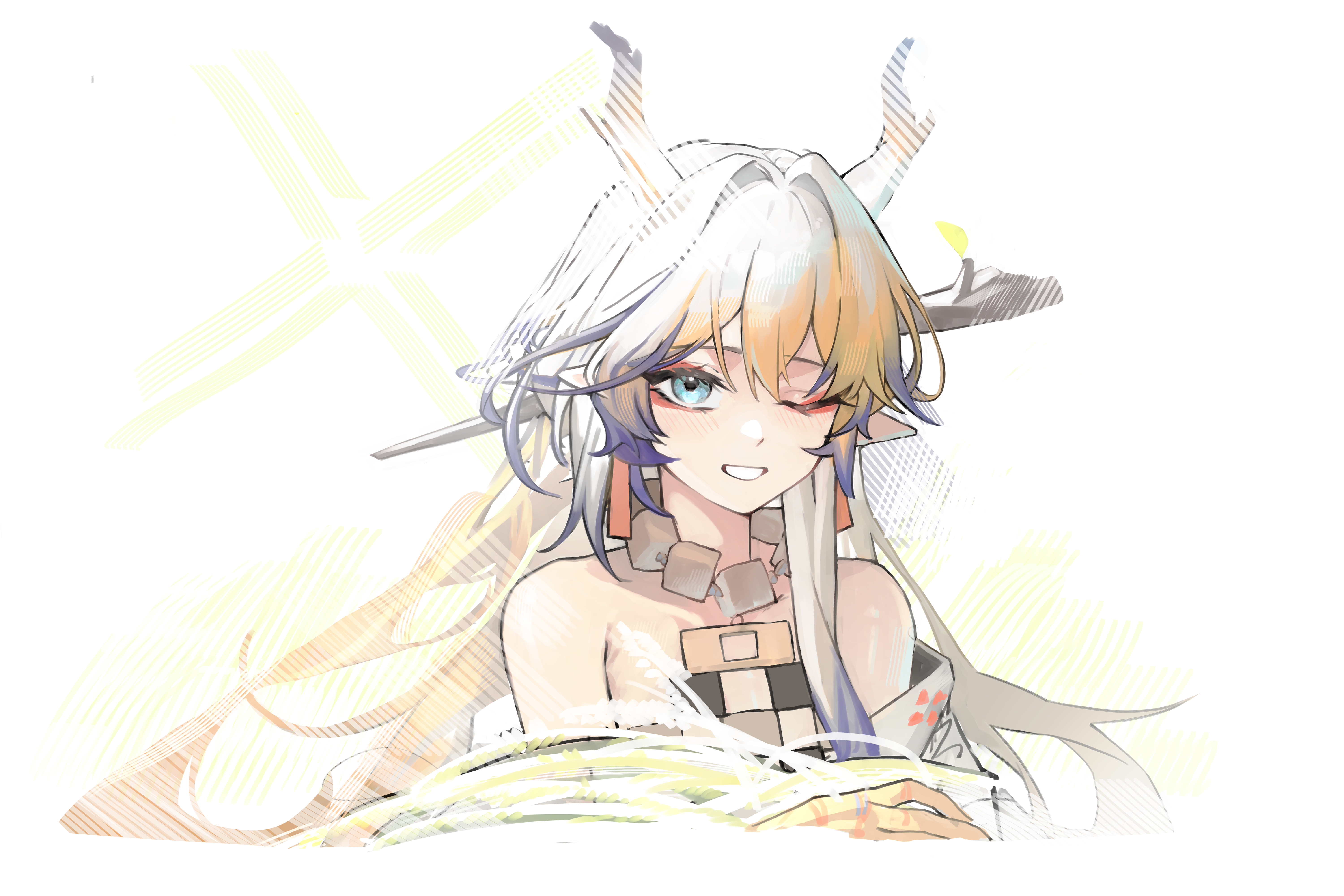 ka keo, shu (arknights), arknights, absurdres, commentary request, highres, korean commentary, 1girl, ;d, bare shoulders, blonde hair, blue eyes, cropped torso, dragon girl, dragon horns, earrings, eyeliner, grin, hair intakes, horns, jewelry, light blush, long hair, looking at viewer, makeup, multicolored hair, necklace, off shoulder, one eye closed, open mouth, pointy ears, purple hair, red eyeliner, smile, solo, white hair