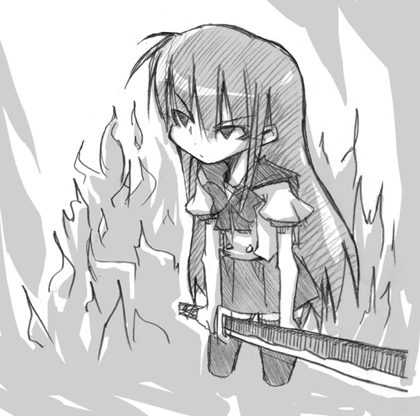 shana, shakugan no shana, 00s, monochrome, school uniform, serafuku, sketch, sword, thighhighs, weapon
