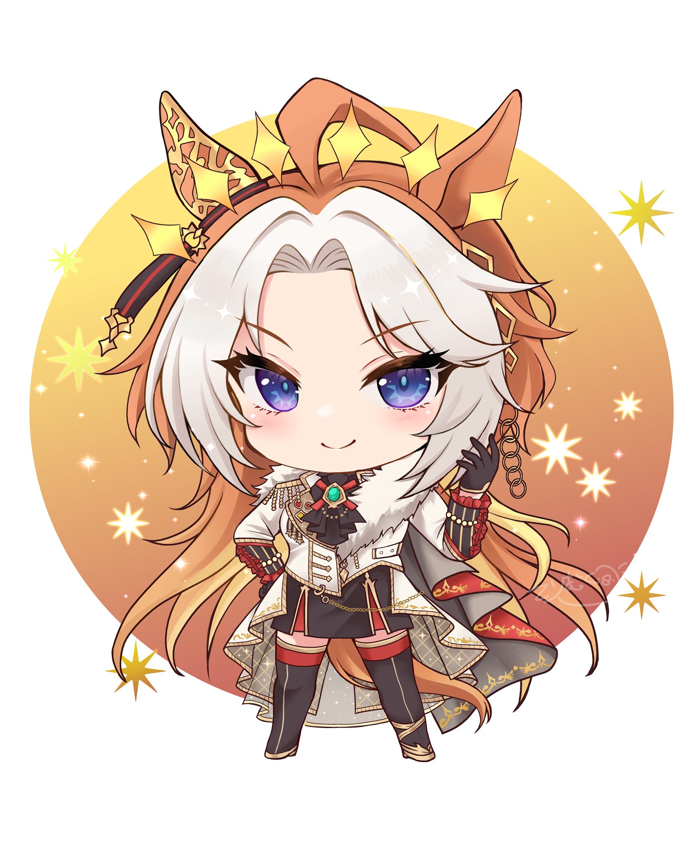 terimuku, orfevre (umamusume), umamusume, commentary request, highres, 1girl, ahoge, animal ears, black boots, black gloves, black skirt, blonde hair, blue eyes, boots, brown background, brown hair, chibi, closed mouth, full body, gloves, grey hair, hand up, horse ears, horse girl, horse tail, jacket, long hair, multicolored hair, parted bangs, round image, skirt, smile, solo, standing, tail, thigh boots, two-tone background, two-tone hair, very long hair, white background, white jacket