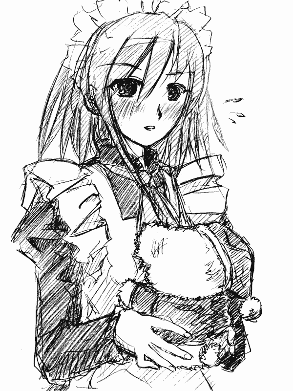 wilhelmina carmel, shakugan no shana, 00s, 1girl, female focus, maid, monochrome, sketch, solo