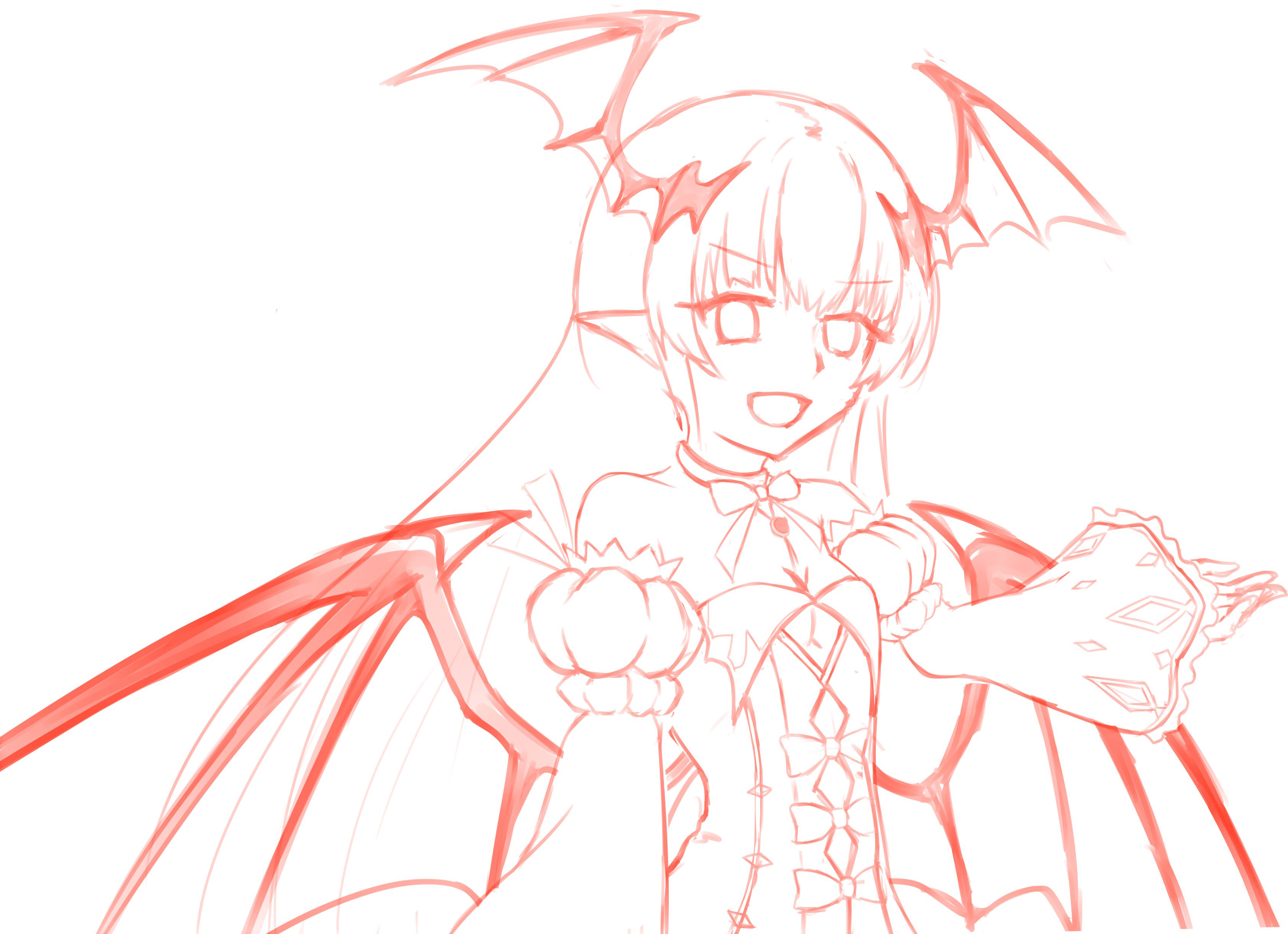 shadow carmilla (grimms notes), grimms notes, source request, unfinished, 1girl, bat wings, bfdmrp, detached sleeves, head wings, long hair, monochrome, solo, vampire, wide sleeves, wings