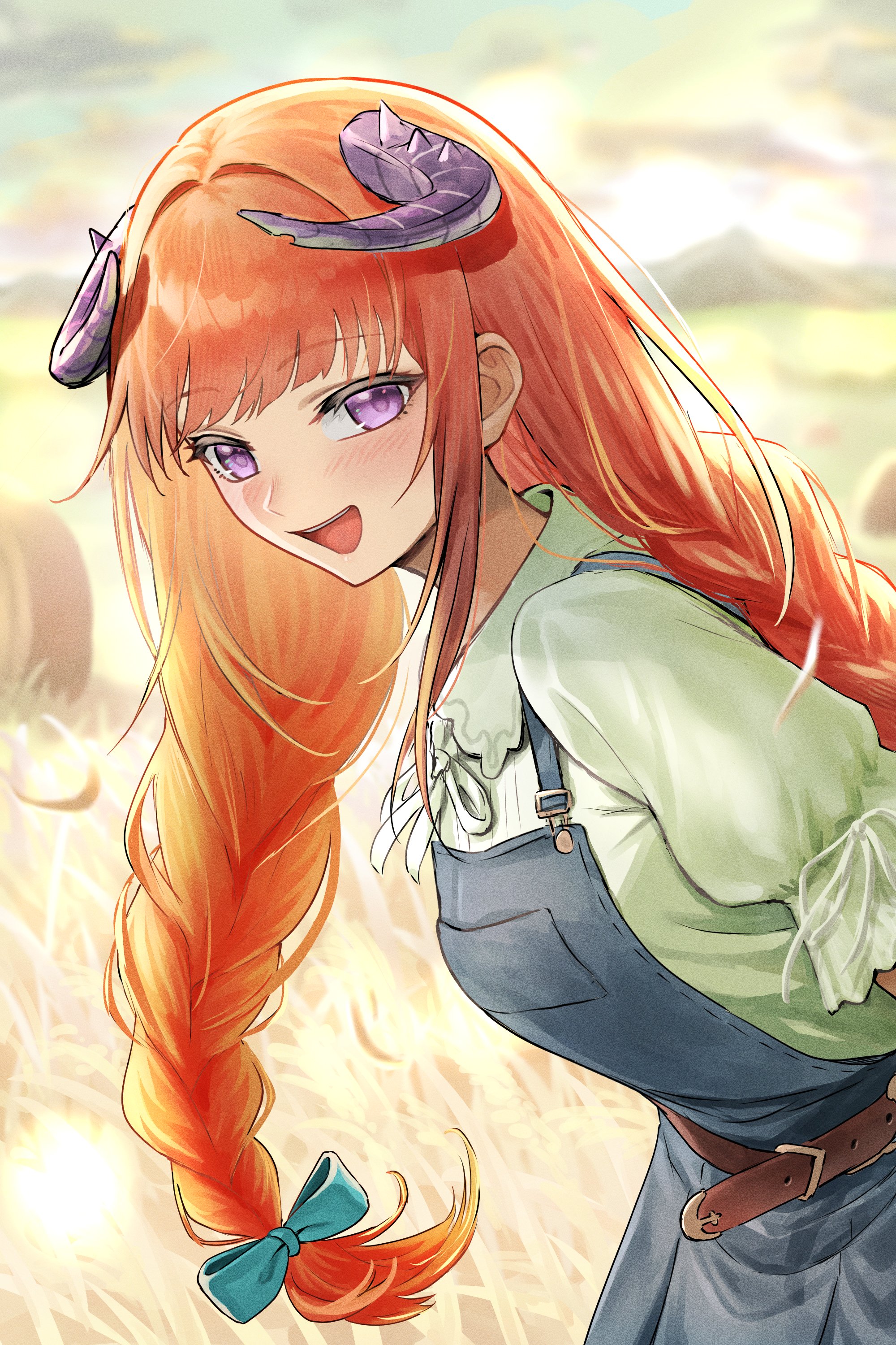 landl, bagpipe (arknights), bagpipe (echo of bagpipes) (arknights), arknights, absurdres, highres, 1girl, :d, belt, blue bow, blue dress, blush, bow, braid, brown belt, curled horns, dress, hair bow, horns, long hair, looking at viewer, official alternate costume, open mouth, orange hair, purple eyes, purple horns, shirt, smile, solo, white shirt