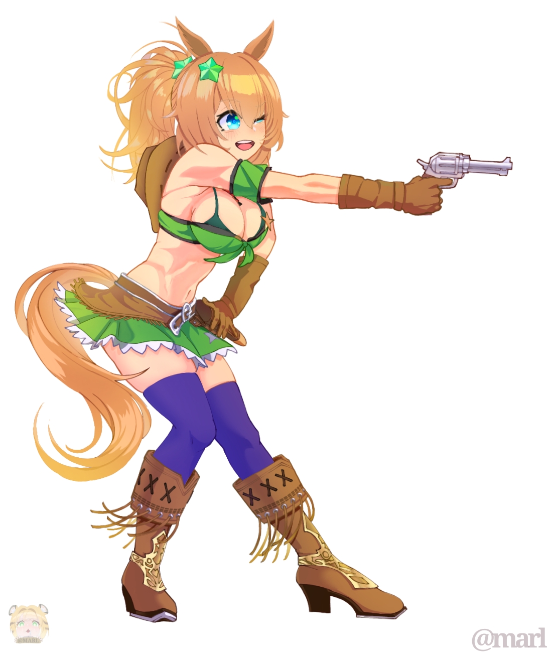 marl 04art, taiki shuttle (umamusume), umamusume, highres, 1girl, animal ears, armpits, arms up, bandeau, belt, blue eyes, boots, brown belt, brown boots, brown hair, detached sleeves, full body, green skirt, gun, handgun, holster, horse ears, horse girl, looking at viewer, midriff, miniskirt, navel, open mouth, purple thighhighs, revolver, short hair, short sleeves, simple background, skirt, skirt set, smile, stomach, tail, thighhighs, twitter username, weapon, white background