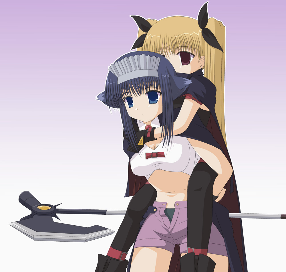 tachibanakoharu, arf, bardiche (device form) (nanoha), bardiche (nanoha), fate testarossa, fate testarossa (original form), minazuki mahiru, tachibana (mahoraba), lyrical nanoha, mahoraba, mahou shoujo lyrical nanoha, 2girls, alph (cosplay), animal ears, arf (cosplay), black hair, blonde hair, blue eyes, blue hair, bow, brown eyes, carrying, cosplay, crossover, fate testarossa (cosplay), hair bow, hair ribbon, long hair, look-alike, multiple girls, parody, piggyback, red eyes, ribbon, thighhighs, twintails
