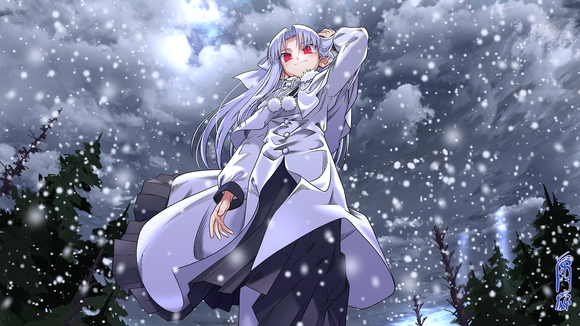 okuribi, white len (tsukihime), melty blood, tsukihime, commentary request, commission, highres, skeb commission, 1girl, albino, blush, bow, capelet, cloud, coat, dress, forest, from below, hair bow, half updo, long hair, looking at viewer, nature, outdoors, pointy ears, pom pom (clothes), red eyes, smile, snow, snowing, solo, white bow, white coat, white hair, winter