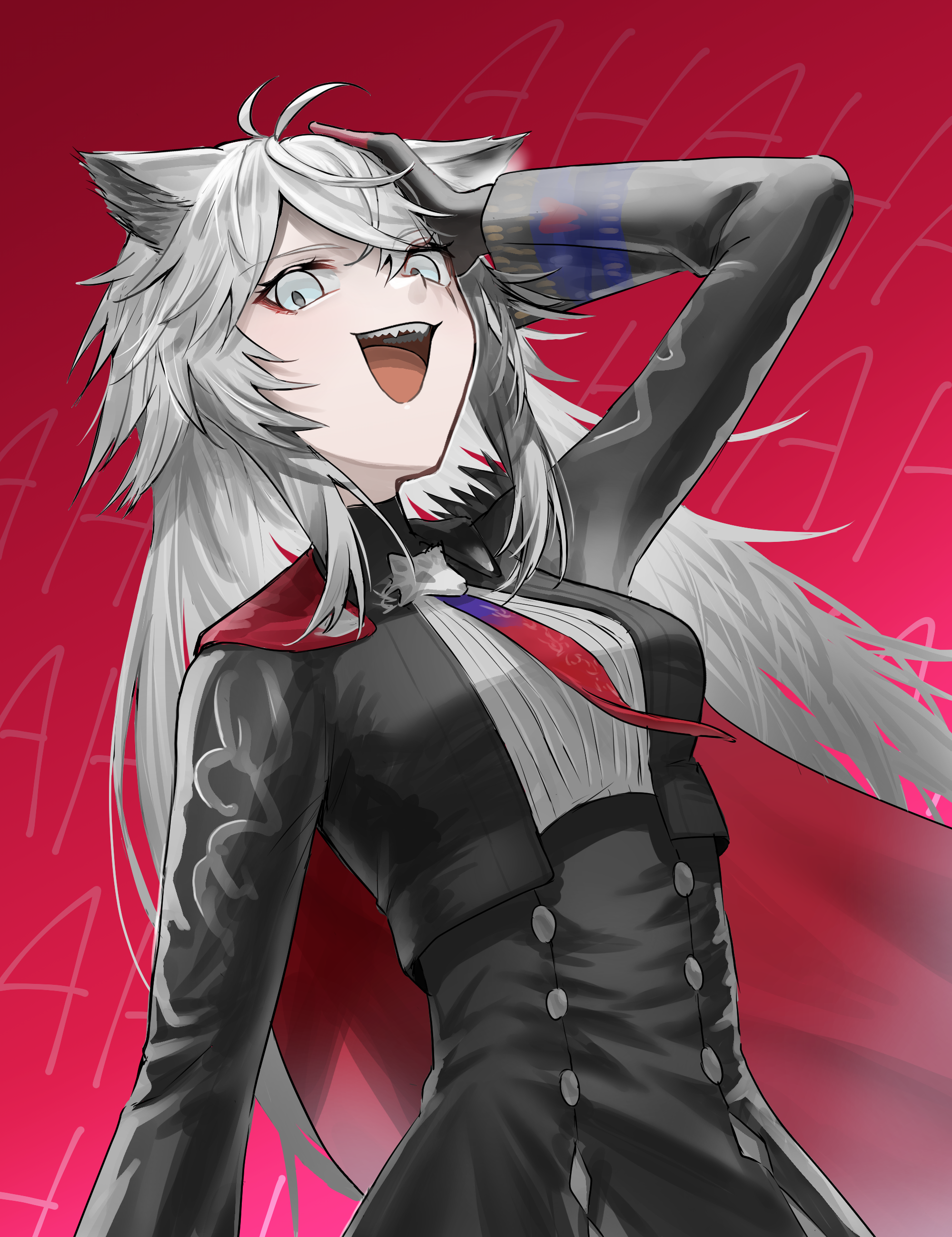 landl, lappland (arknights), lappland the decadenza (arknights), arknights, absurdres, commentary request, highres, partial commentary, 1girl, :d, animal ears, arm up, black gloves, black jacket, black skirt, cape, gloves, grey eyes, grey hair, hair between eyes, hand on own head, high-waist skirt, jacket, laughing, long hair, long sleeves, looking at viewer, open mouth, red background, red cape, sharp teeth, skirt, smile, solo, teeth, upper teeth only, wolf ears, wolf girl