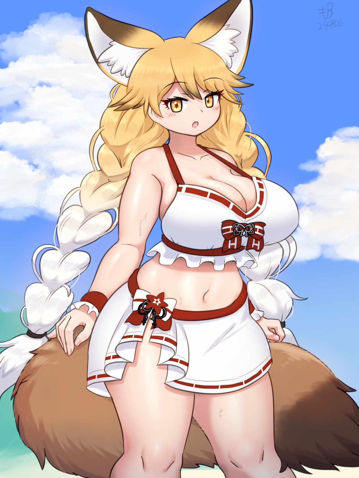 mo23, ezo red fox (kemono friends), kemono friends, kemono friends 3, highres, 1girl, alternate hairstyle, animal ears, blonde hair, blush, bow, bowtie, braid, breasts, cleavage, curvy, extra ears, fox ears, fox tail, hair between eyes, huge breasts, long hair, looking at viewer, low twin braids, multicolored hair, navel, open mouth, solo, swimsuit, tail, thighs, twin braids