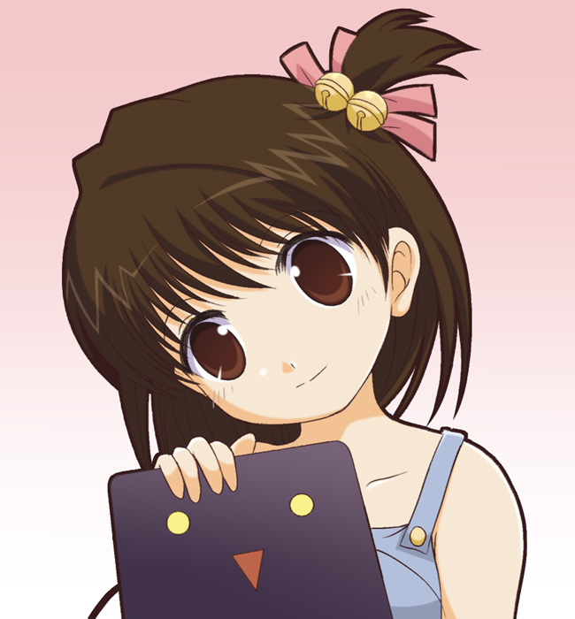shiratori ryushi, mahoraba, 00s, 1boy, :>, bell, brown eyes, brown hair, gradient background, male focus, solo, trap