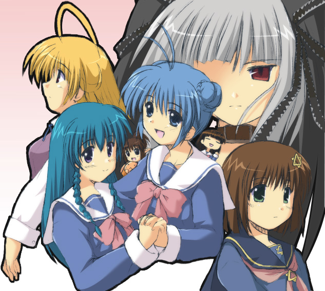 mahoraba, tagme, 00s, blonde hair, blue eyes, blue hair, brown hair, crossover, school uniform, serafuku, white hair