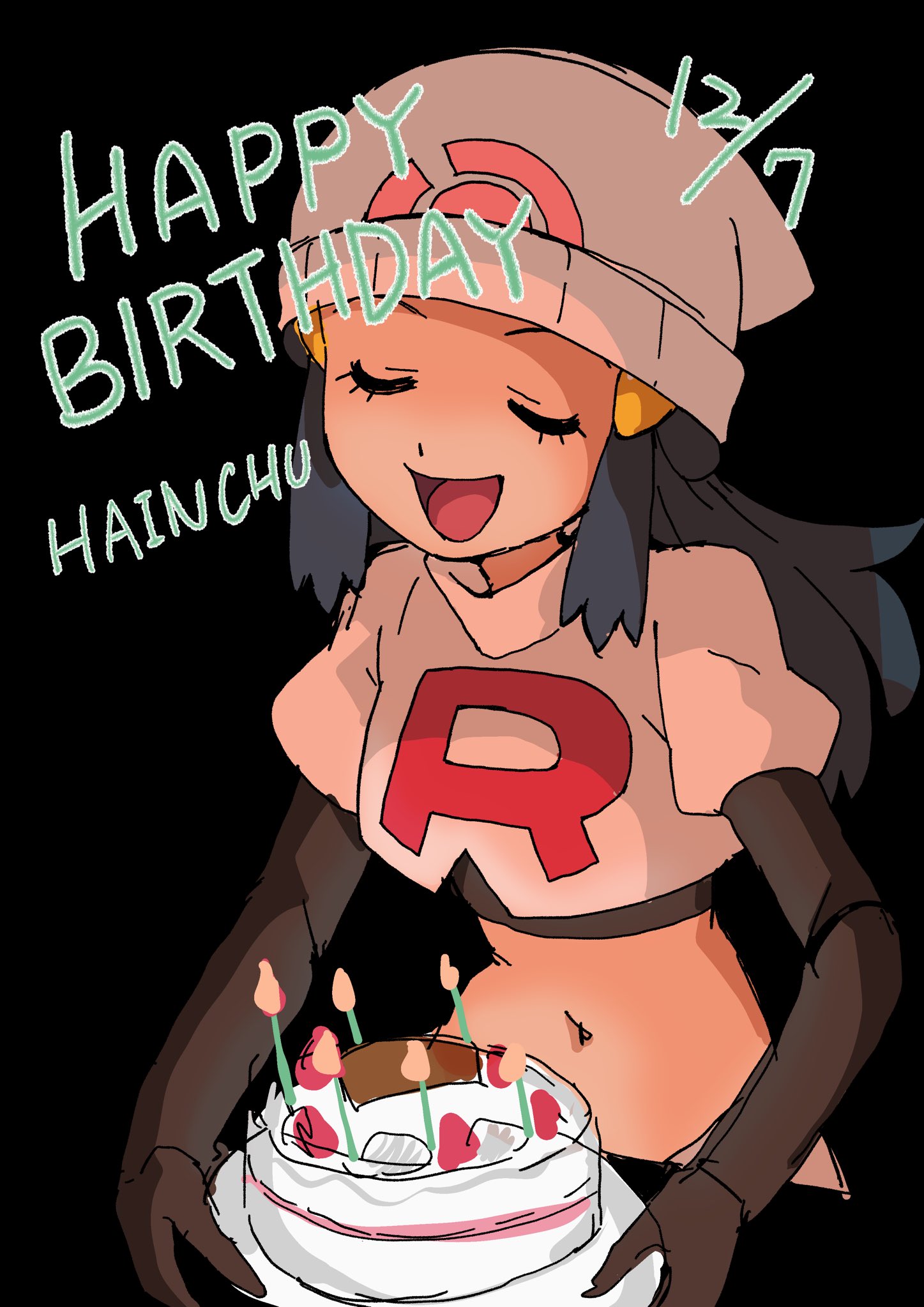 hainchu, dawn (pokemon), nintendo, pokemon, highres, 1girl, beanie, birthday cake, black background, cake, closed eyes, elbow gloves, english text, food, fruit, gloves, hair ornament, happy birthday, hat, letterboxed, long hair, merry christmas, midriff, navel, open mouth, plate, smile, solo, strawberry, transparent background