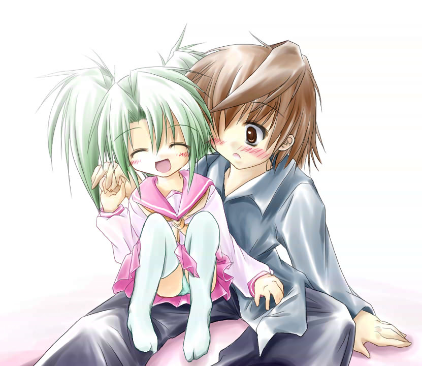 kurosaki asami, shiratori ryushi, mahoraba, 00s, blush, brown eyes, brown hair, green hair, panties, school uniform, serafuku, thighhighs, underwear