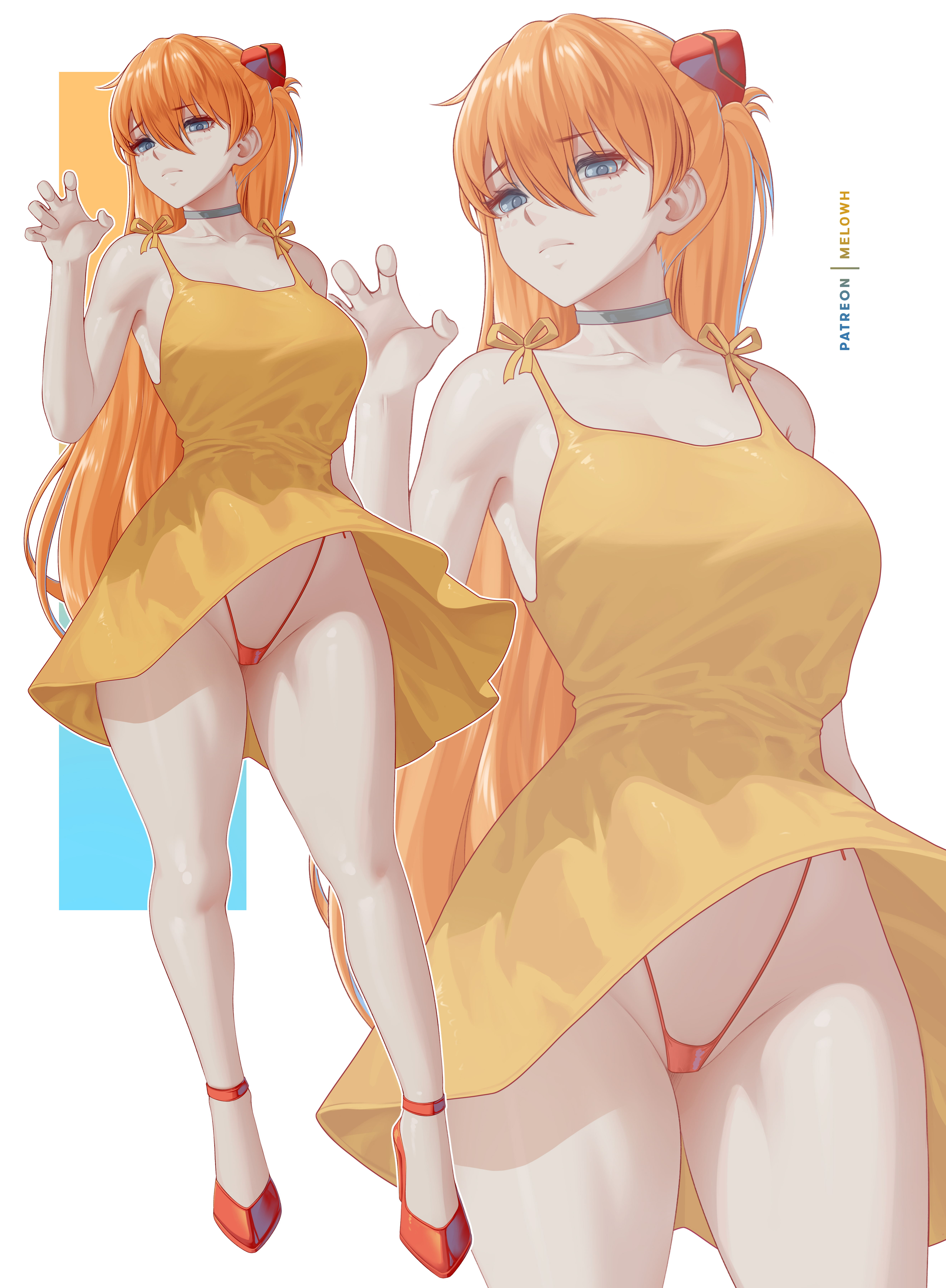 melowh, souryuu asuka langley, neon genesis evangelion, absurdres, highres, 1girl, bikini, bikini bottom only, black choker, blue eyes, breasts, choker, collarbone, dress, full body, hairpods, hand up, high heels, highleg, highleg bikini, large breasts, long hair, looking at viewer, orange hair, patreon username, red bikini, red shoes, shoes, simple background, standing, super highleg, swimsuit, thighs, two side up, yellow dress, zoom layer