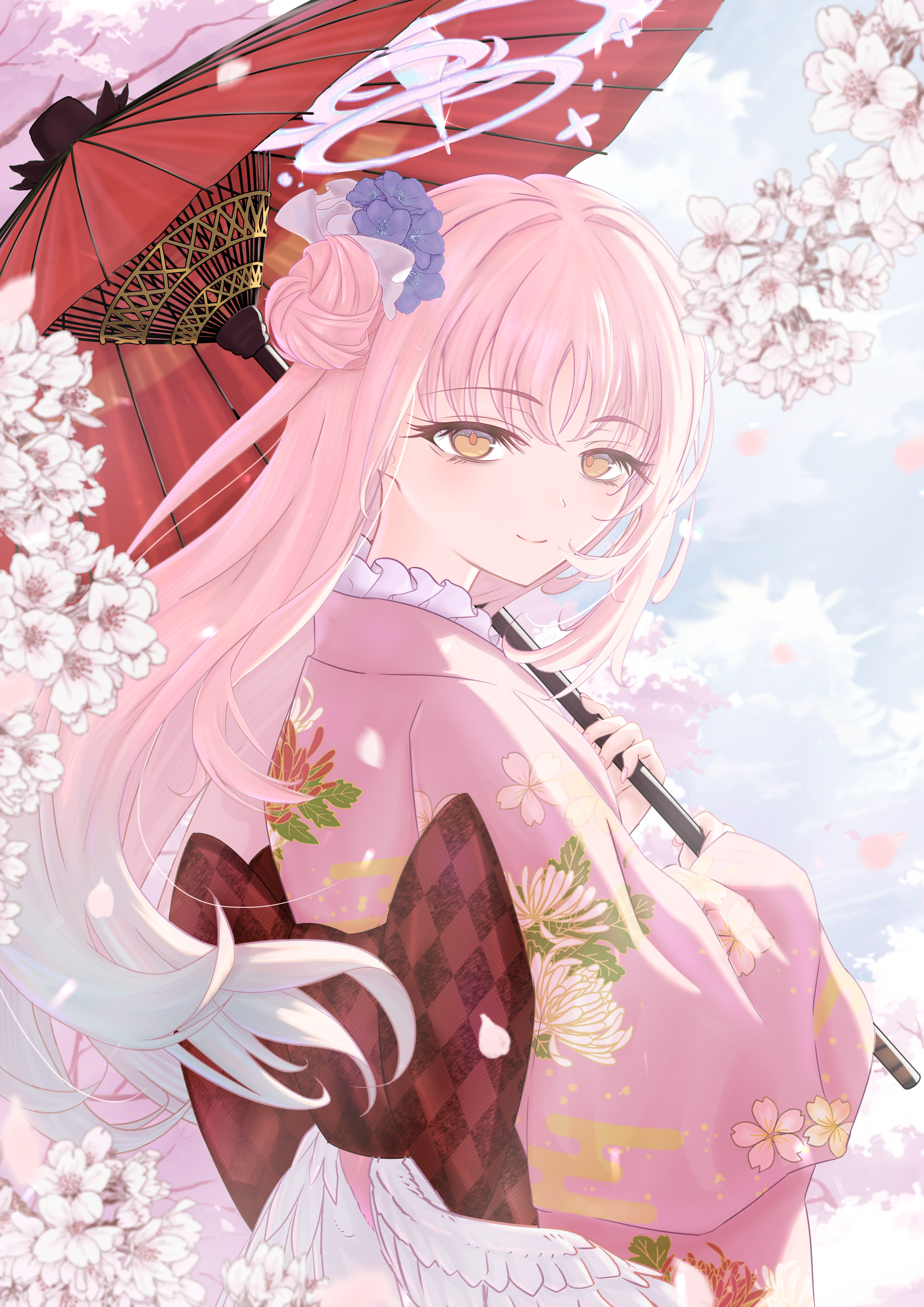 moonlightcookie (82715678), mika (blue archive), blue archive, absurdres, highres, 1girl, angel wings, aqua hair, cherry blossom print, cherry blossoms, closed mouth, feathered wings, floral print, flower, gradient hair, hair between eyes, hair bun, hair flower, hair ornament, halo, holding, holding umbrella, japanese clothes, kimono, long hair, looking at viewer, looking back, low wings, multicolored hair, oil-paper umbrella, pink hair, pink halo, pink kimono, pink nails, single hair bun, single side bun, smile, solo, umbrella, very long hair, white wings, wings