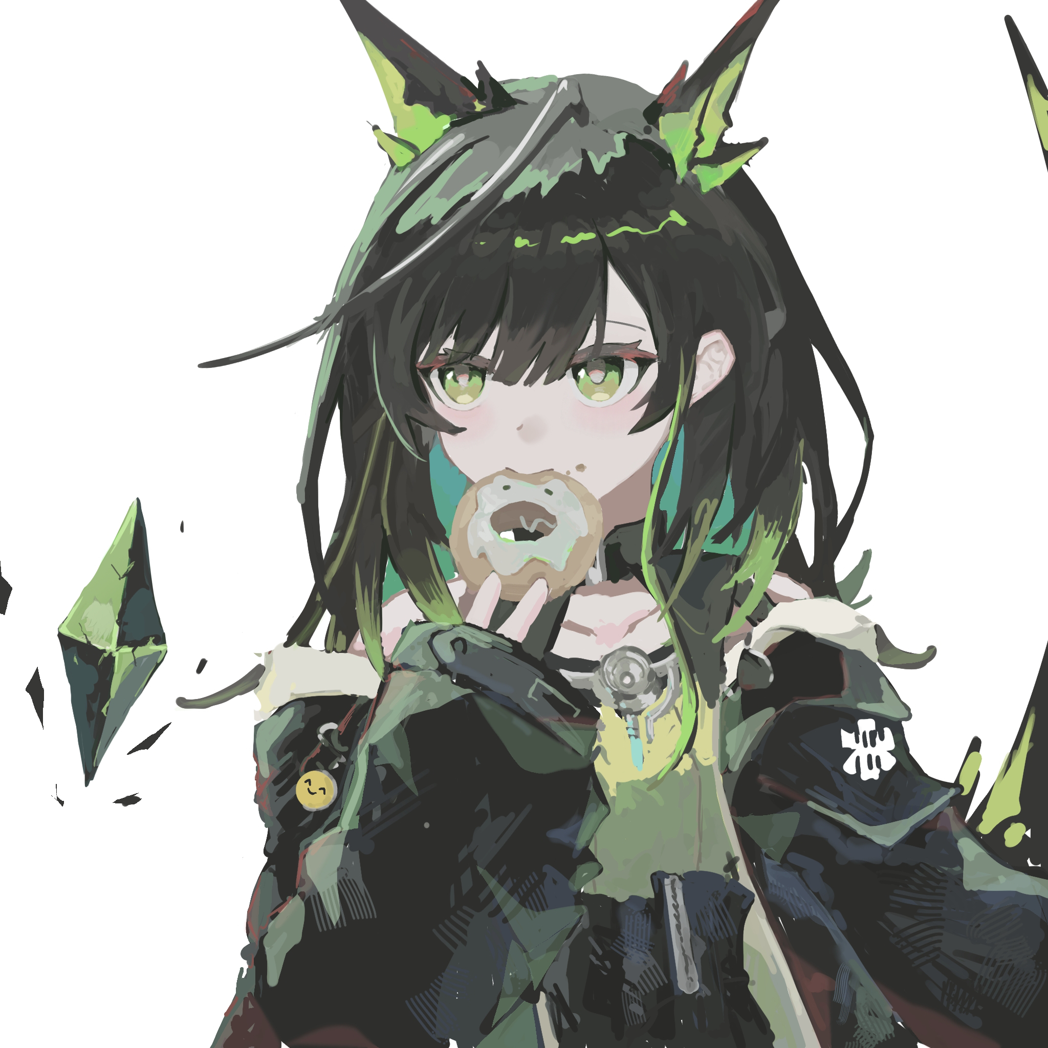 mon3tr (arknights), arknights, chinese commentary, commentary request, highres, 1girl, ahoge, aqua hair, black hair, black jacket, chewing, colored inner hair, crystal, donut, eating, emoji, food, green eyes, green hair, huge ahoge, jacket, looking to the side, medium hair, multicolored hair, simple background, single sleeve past wrist, solo, star of life, tei1310383221, upper body, white background