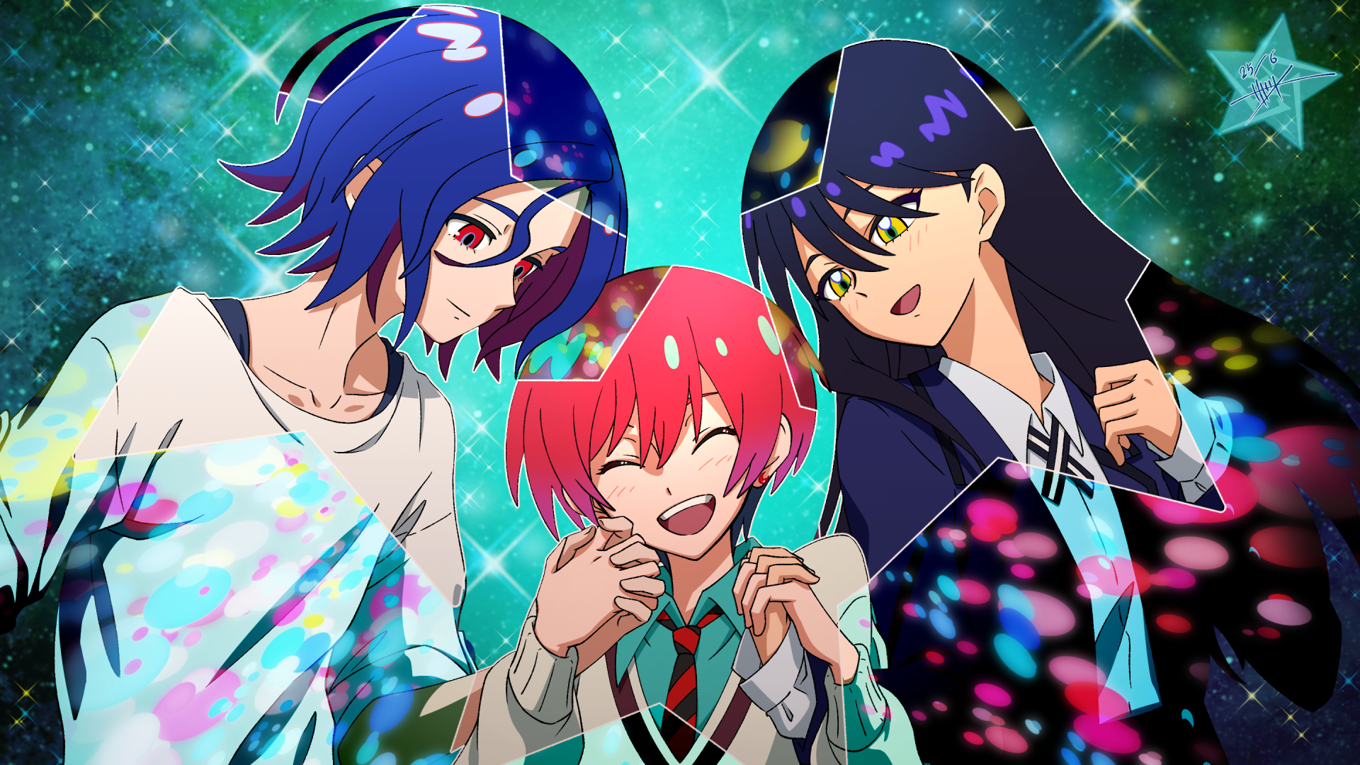sanatsume, amate yuzuriha, nyaan (gundam gquuuuuux), shuji ito, gundam, gundam gquuuuuux, commentary request, highres, 1boy, 2girls, :d, ^ ^, aqua shirt, black hair, black necktie, blazer, blue hair, cardigan, closed eyes, collared shirt, colored inner hair, crescent, crescent earrings, diagonal-striped clothes, diagonal-striped necktie, earrings, holding hands, interlocked fingers, jacket, jewelry, long hair, long sleeves, multicolored eyes, multicolored hair, multiple girls, necktie, open mouth, purple jacket, red eyes, red hair, red necktie, school uniform, shirt, short hair, smile, sparkle, sparkle background, star (symbol), striped clothes, sweater, teeth, two-tone eyes, two-tone hair, upper teeth only, wavy hair, white cardigan, white shirt, white sweater, yellow eyes, zeknova