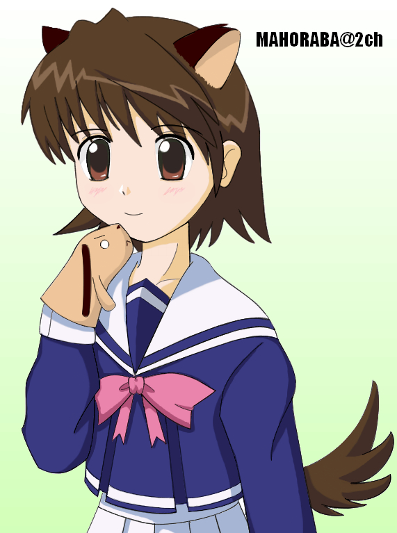 johnny ryuusei, shiratori ryushi, mahoraba, 00s, 1boy, animal ears, brown eyes, brown hair, cat boy, cat ears, cat tail, gradient background, male focus, puppet, school uniform, serafuku, solo, tail, trap