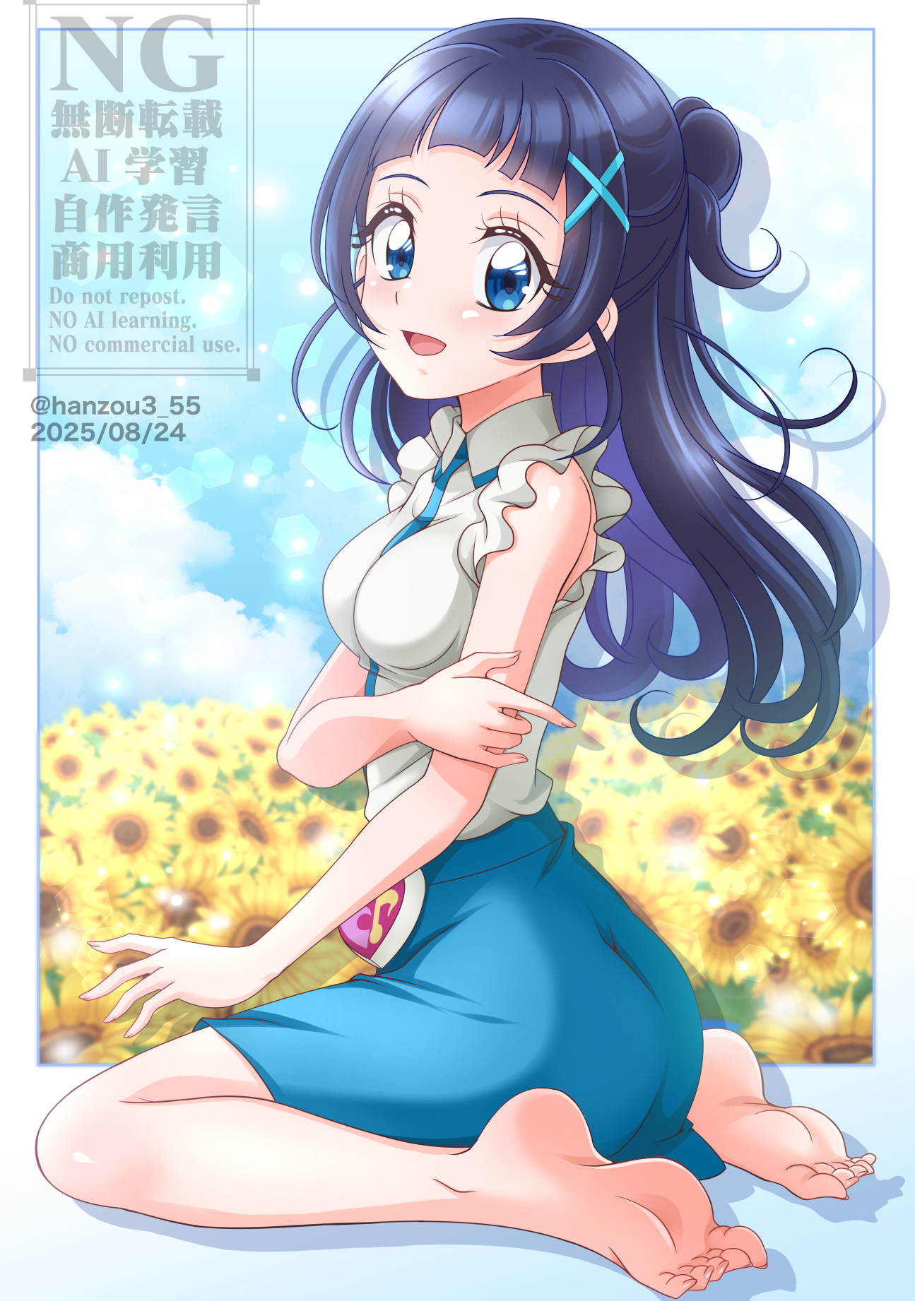 hanzou, aokaze nana, kimi to idol precure, precure, highres, 1girl, :d, arched bangs, artist name, ass, barefoot, blue eyes, blue hair, blue skirt, blue sky, blush, border, breasts, cloud, cloudy sky, dated, day, eyelashes, feet, field, flower, flower field, frilled sleeves, frills, grey shirt, hair ornament, legs, lens flare, long hair, looking at viewer, medium breasts, on ground, open mouth, purple hair, shirt, short sleeves, sidelocks, sitting, skirt, sky, smile, soles, solo, sunflower, sunflower field, toenails, toes, twitter username, wariza, white border, x hair ornament