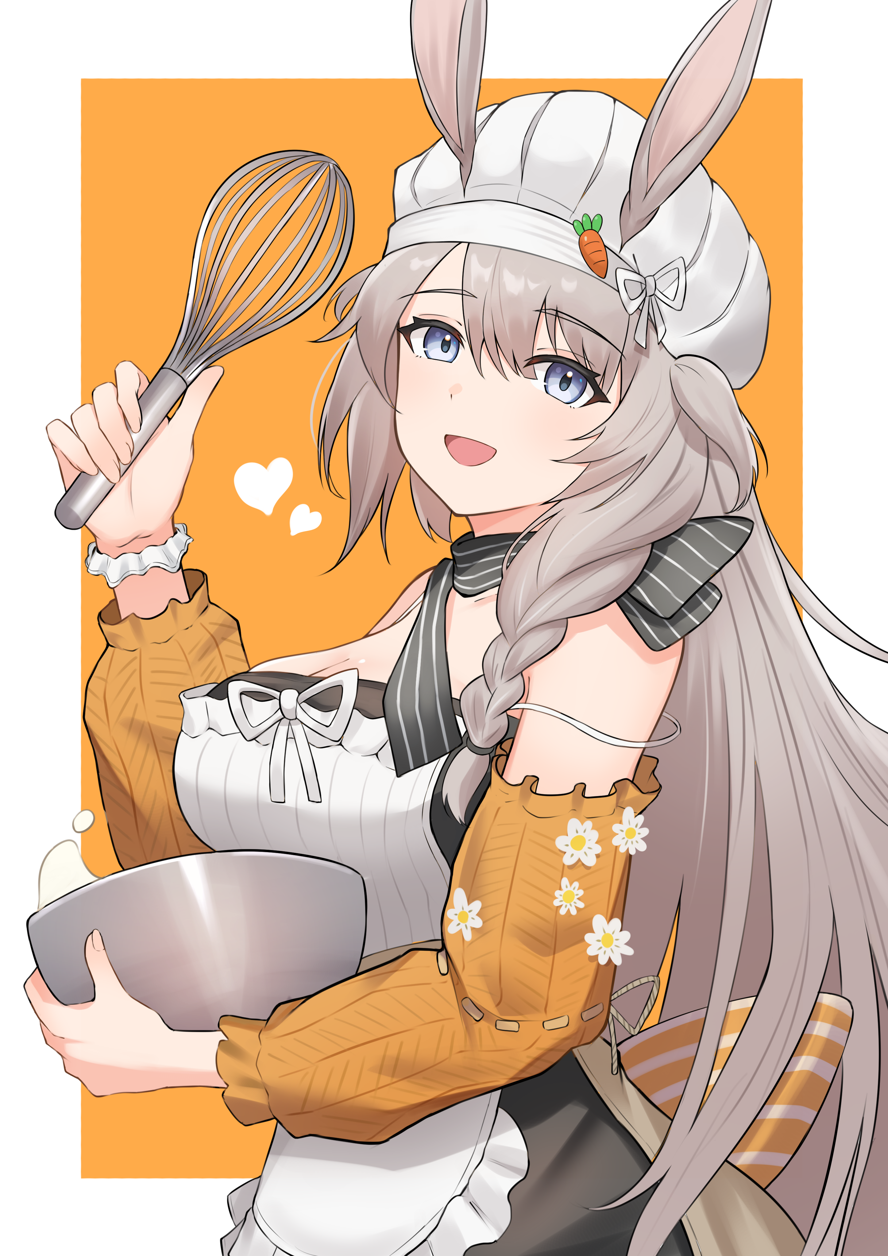 k@bu, savage (arknights), savage (secret family recipe) (arknights), arknights, absurdres, commentary, highres, 1girl, :d, animal ears, apron, bare shoulders, black dress, blue eyes, border, braid, breasts, cleavage, detached sleeves, dress, ears through headwear, flower, frilled apron, frills, grey hair, hair between eyes, hat, heart, holding, holding whisk, long hair, long sleeves, looking at viewer, medium breasts, mixing bowl, official alternate costume, open mouth, orange background, orange sleeves, outside border, smile, solo, strap slip, very long hair, whisk, white apron, white border, white flower, white hat