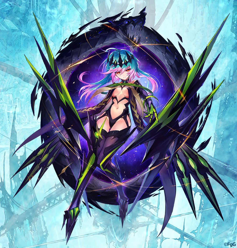 shibuhiko, cassius (phantom of the kill), phantom of the kill, commentary request, official art, second-party source, 1girl, ahoge, armored boots, boots, breast curtains, breasts, closed mouth, clothing cutout, company name, expressionless, floating hair, full body, gradient hair, green hair, hair between eyes, high heel boots, high heels, looking at viewer, midriff, multicolored hair, official alternate costume, orange eyes, purple boots, purple hair, solo, stomach cutout, thigh boots, two-tone hair