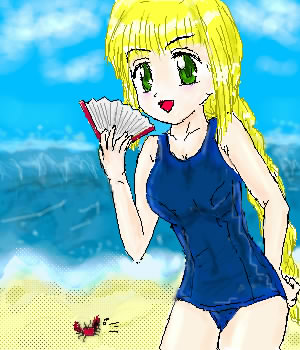 matsuba satsuki, mahoraba, lowres, 00s, blonde hair, green eyes, swimsuit