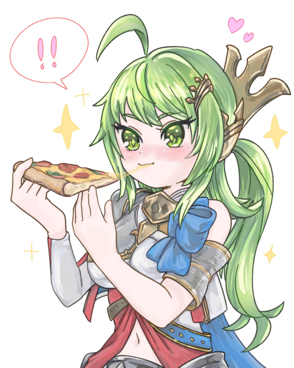 charlotte barhitte (grimms notes), charlotte barhitte (tenku) (grimms notes), grimms notes, artist request, source request, !, !!, 1girl, ahoge, eating, green hair, holding food, holding pizza, pizza, pizza slice, solo, upper body