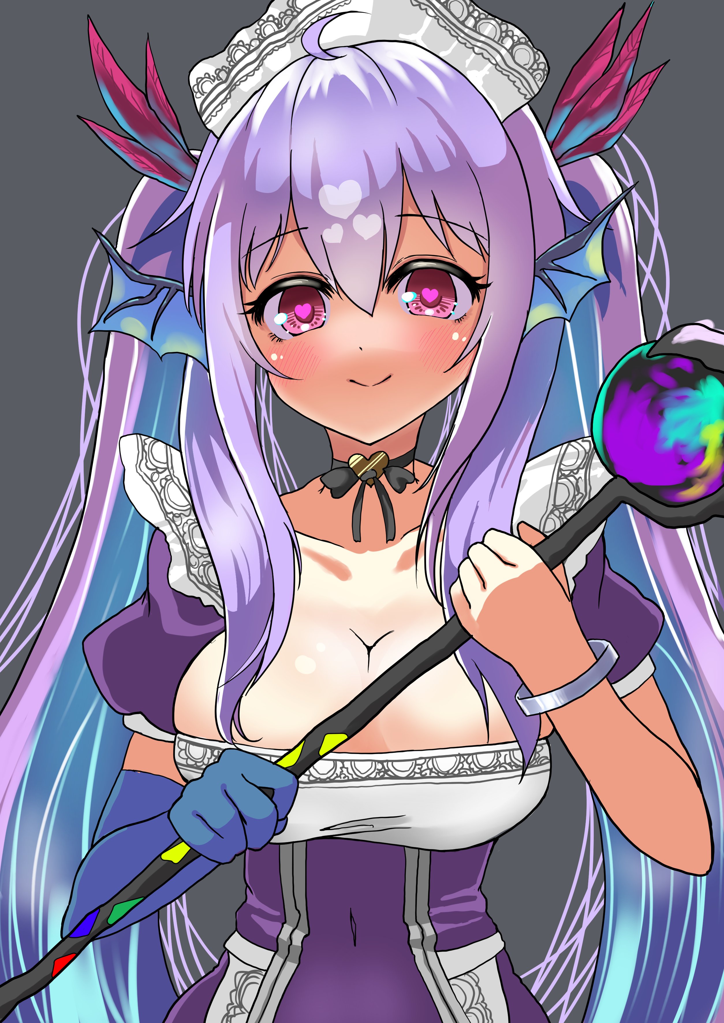 nickq, chaos mermaid (grimms notes), grimms notes, 1girl, alternate breast size (larger), alternate costume, breasts, large breasts, maid, smile, solo