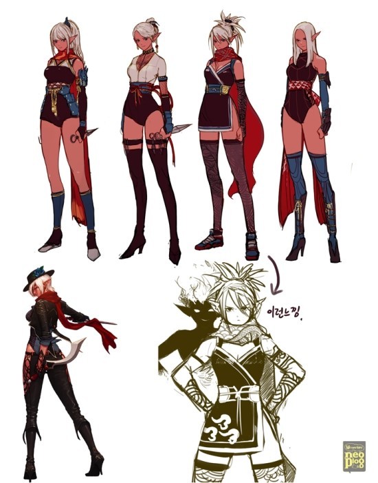 kunoichi (dungeon and fighter), thief (dungeon and fighter), dungeon and fighter, concept art, official art, alternate costume, alternate hairstyle, armored gloves, arms at sides, artist logo, bare legs, bare shoulders, black boots, black hat, black jacket, black leotard, black pants, black shoes, blunt bangs, boots, cowboy shot, dark skin, dual wielding, elbow gloves, fingerless gloves, forehead, full body, gloves, hair between eyes, hair bun, hands on own hips, hat, high heel boots, high heels, high ponytail, holding, holding weapon, holster, jacket, japanese clothes, knee socks, kneehighs, korean text, kunai, leotard, logo, looking at viewer, looking back, ninja, obi, outstreched arm, pants, parted bangs, partially fingerless gloves, pointy ears, ponytail, red obi, red scarf, sash, scarf, shirt, shoes, sidelocks, simple background, single hair bun, sketch, socks, standing, swept bangs, thigh boots, thigh holster, thighhighs, thighhighs under boots, weapon, white background, white hair, white shirt, white shoes