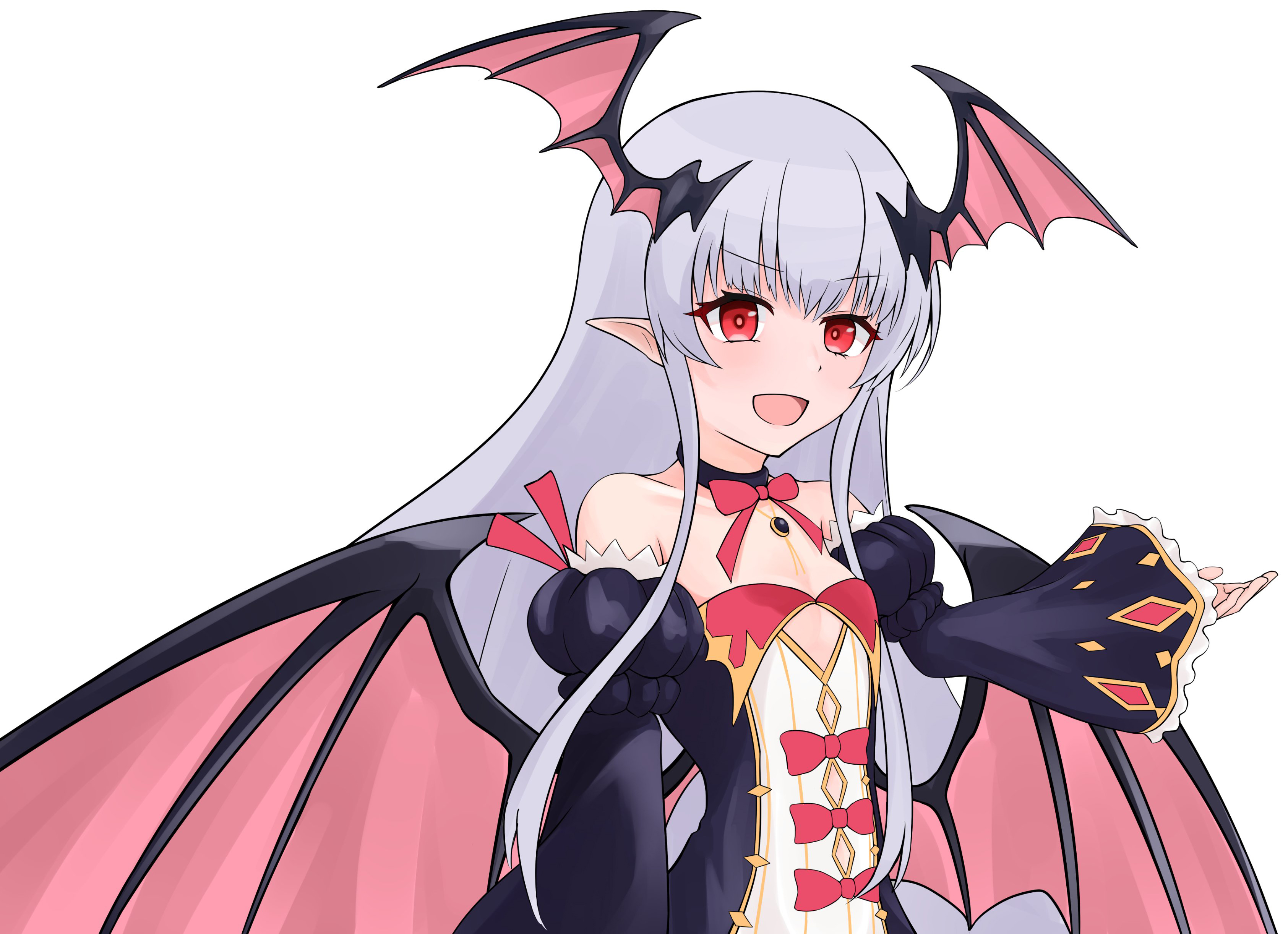 shadow carmilla (grimms notes), grimms notes, source request, 1girl, bat wings, bfdmrp, detached sleeves, grey hair, head wings, long hair, red eyes, simple background, solo, vampire, white background, wide sleeves, wings