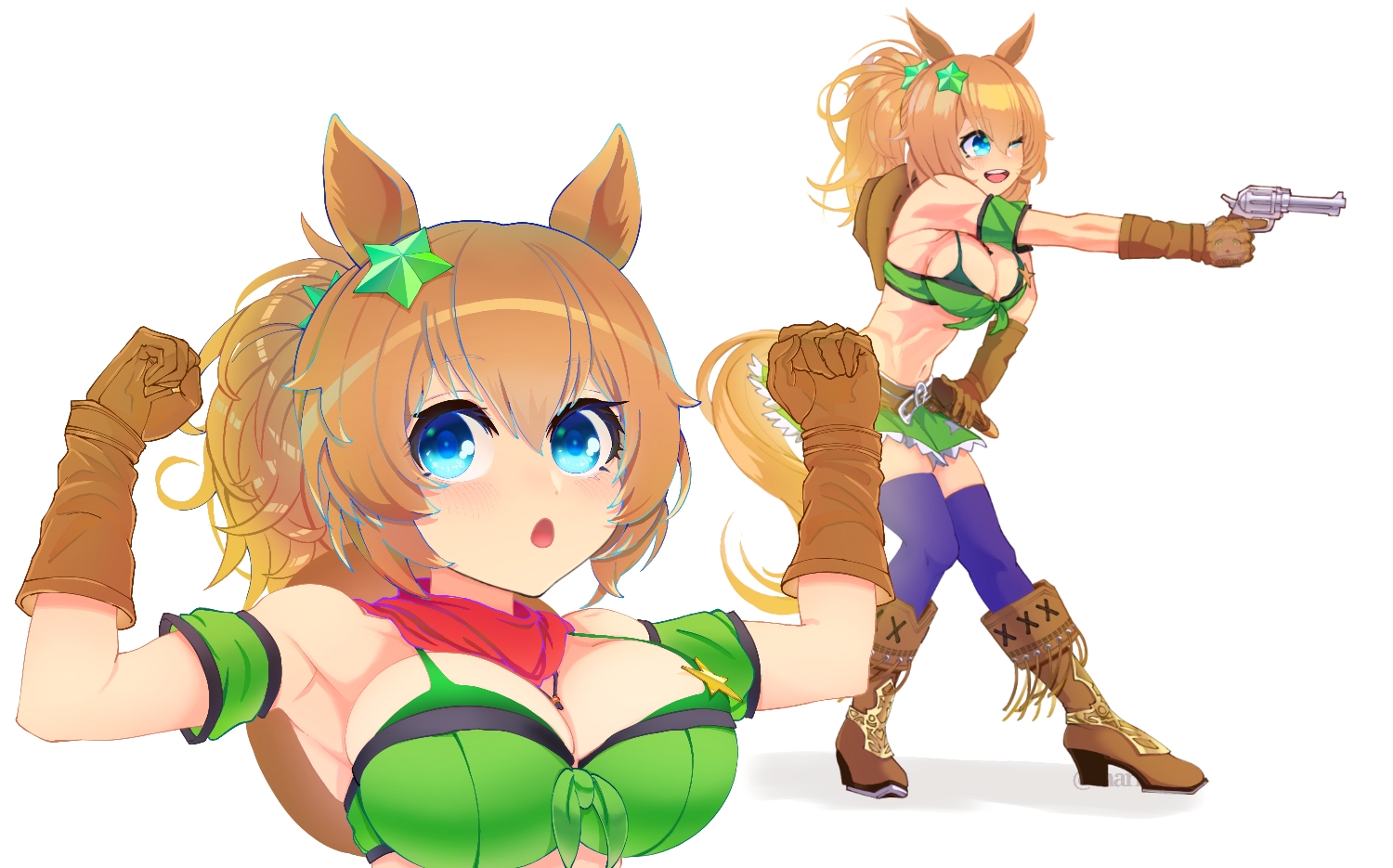 marl 04art, taiki shuttle (umamusume), umamusume, 1girl, :d, animal ears, armpits, arms up, bandeau, belt, blue eyes, boots, brown belt, brown boots, brown hair, detached sleeves, full body, green skirt, gun, handgun, holster, horse ears, horse girl, looking at viewer, midriff, miniskirt, navel, open mouth, purple thighhighs, revolver, short hair, short sleeves, simple background, skirt, skirt set, smile, stomach, tail, thighhighs, weapon, white background