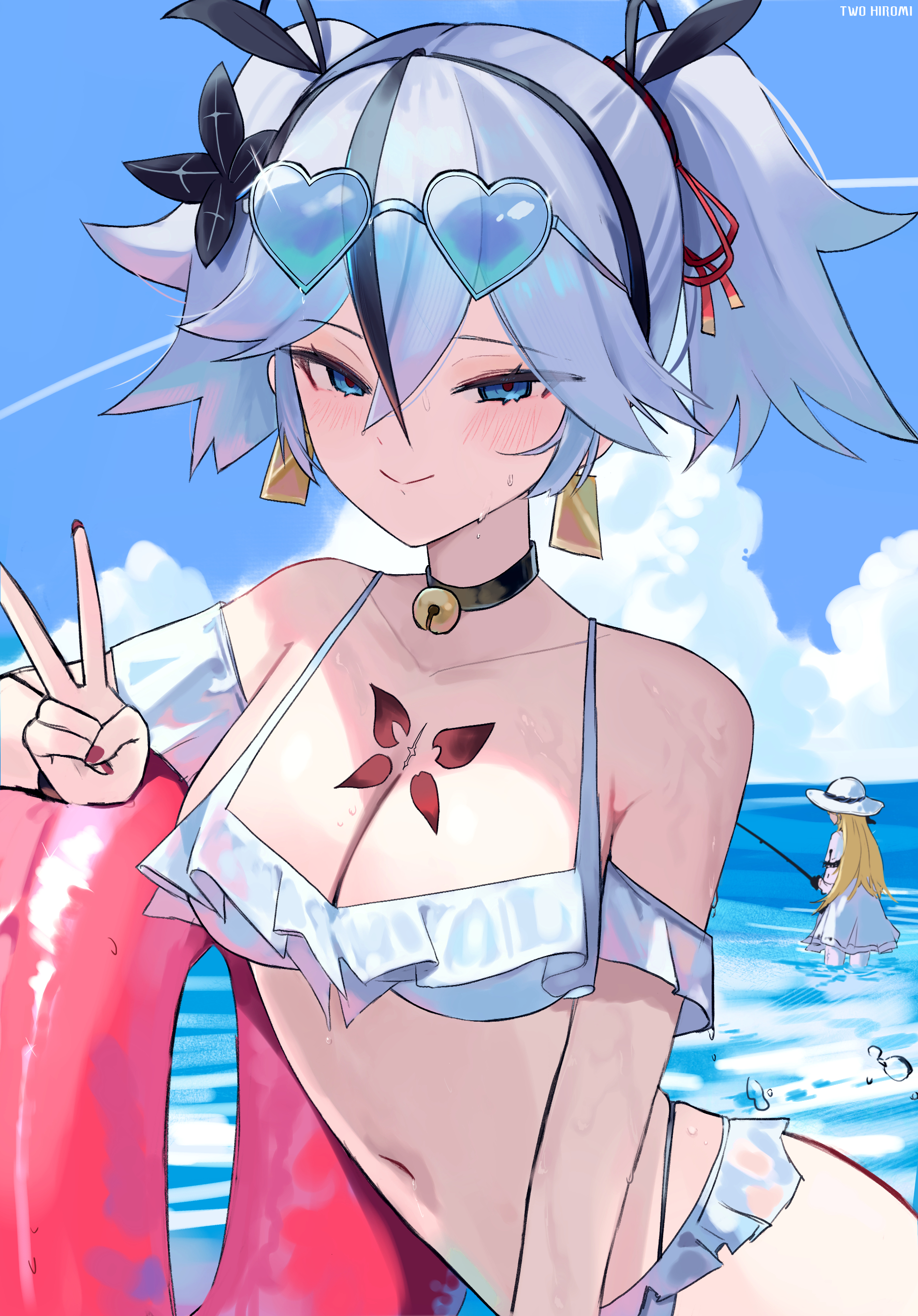 hiromi two, camellya (wuthering waves), phoebe (wuthering waves), wuthering waves, absurdres, commentary request, highres, 2girls, alternate costume, bare shoulders, bell, bikini, black flower, blake bloom (wuthering waves), blue-tinted eyewear, blue eyes, blush, breasts, cleavage, closed mouth, collarbone, earrings, eyewear on head, fingernails, fishing, flower, gold earrings, hair between eyes, hair flower, hair ornament, hand up, heart, heart-shaped eyewear, innertube, jewelry, looking at viewer, medium breasts, multiple girls, nail polish, navel, neck bell, outdoors, red nails, short hair, short twintails, smile, solo focus, stomach, sunglasses, swim ring, swimsuit, tacet mark (wuthering waves), tinted eyewear, twintails, v, wet, white bikini