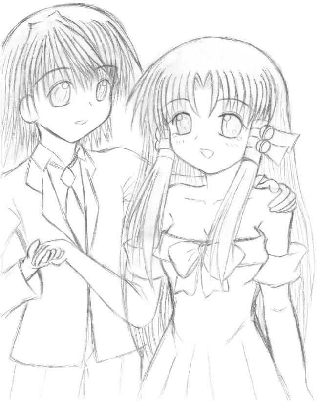 aoba kozue, shiratori ryushi, mahoraba, 00s, dress, monochrome, sketch, wedding dress