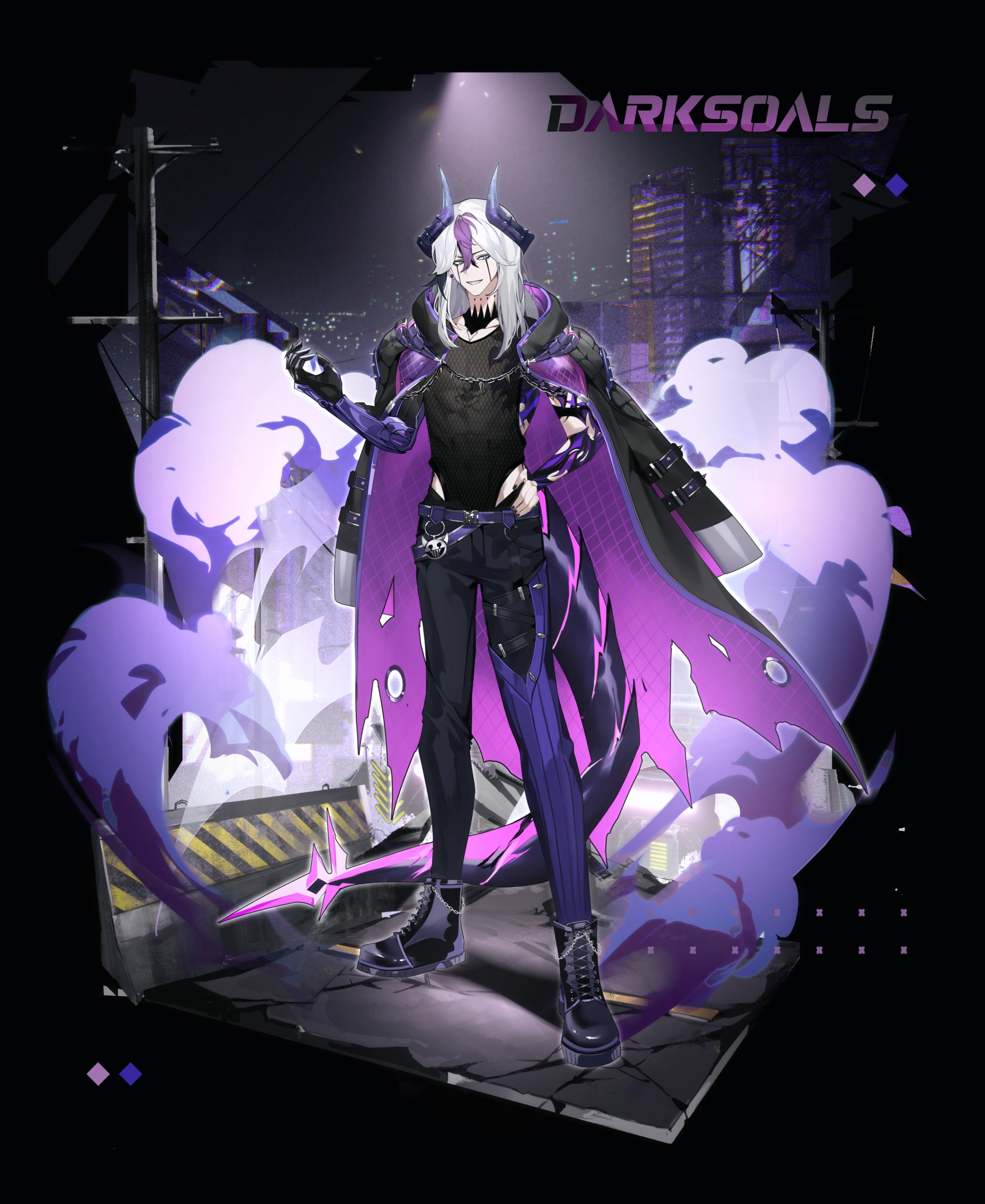 siiv, original, absurdres, commentary, english commentary, highres, 1boy, ankle boots, arm tattoo, barricade, belt, belt charm, black boots, black coat, black horns, black leotard, black nails, black pants, black tail, black tank top, blue eyes, blue horns, boots, building, charm (object), city, clawed gauntlets, coat, coat on shoulders, collarbone, colored bangs, crack, double-parted bangs, dragon boy, dragon horns, dragon tail, earrings, english text, facial mark, fishnet top, fishnets, full body, gaiters, gauntlets, gradient horns, grin, hair between eyes, hand on own hip, hand up, horns, jewelry, lace-up boots, lamppost, leotard, leotard under clothes, long hair, looking at viewer, male focus, multicolored hair, multicolored horns, nail polish, night, pants, pink tail, purple belt, purple coat, purple hair, purple horns, scale print, single gauntlet, skyscraper, smile, smoke, solo, standing, streaked hair, stud earrings, sweater guard, tail, tank top, tattoo, torn clothes, torn coat, two-sided coat, two-sided fabric, utility pole, white hair