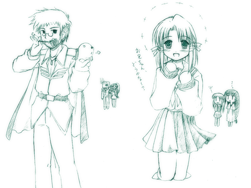 aoba kozue, haibara yukio, johnny ryuusei, kurosaki sayoko, matsuba satsuki, midorikawa chiyuri, shiratori ryushi, mahoraba, 00s, monochrome, school uniform, serafuku, sketch