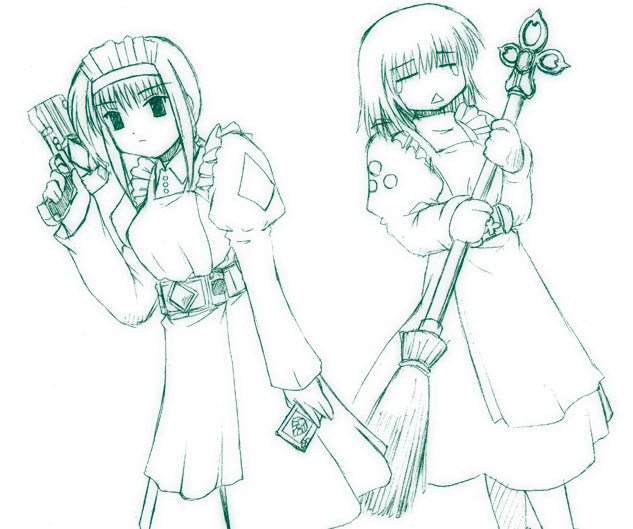 tachibanakoharu, utsugi sakura, mahoraba, 00s, gun, monochrome, sketch, weapon