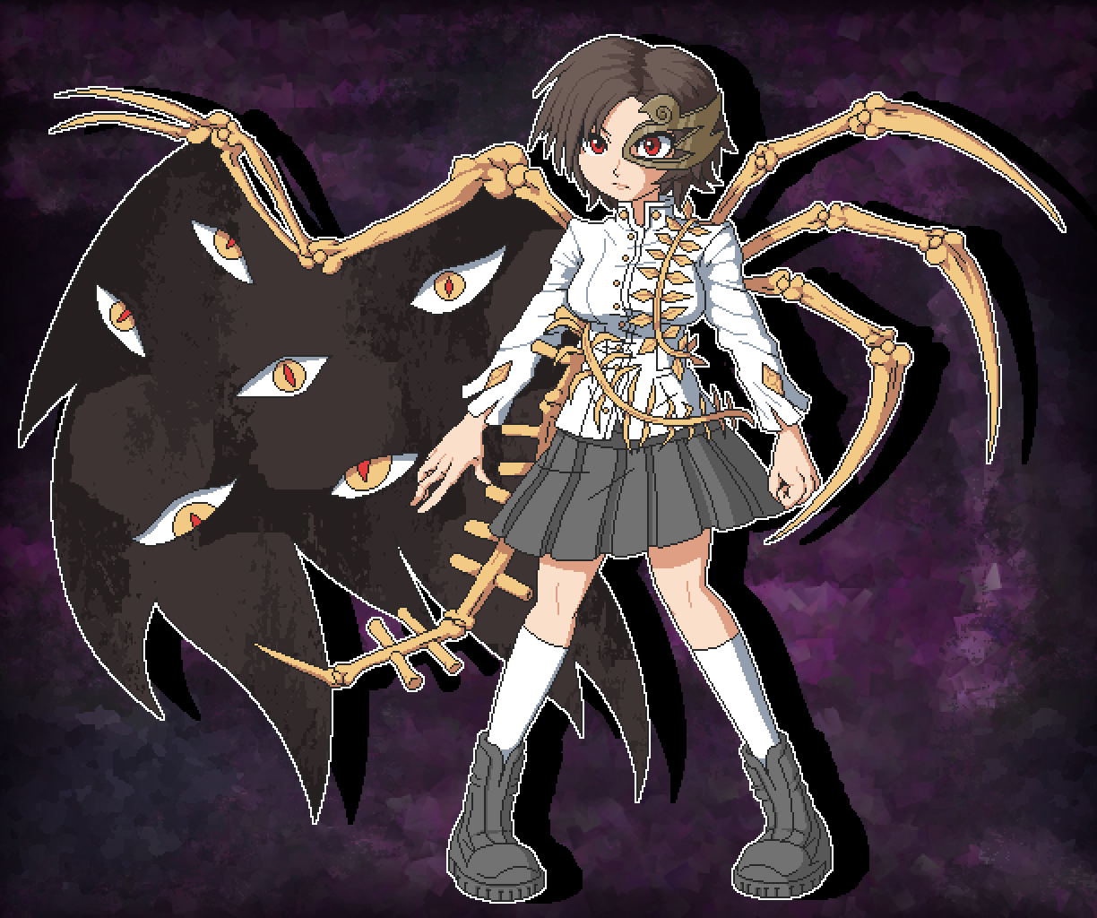 aksawshin, iwanaga ariya, fossilized wonders, touhou, 1girl, abstract background, asymmetrical wings, bone, boots, brown hair, brown mask, clenched hand, closed mouth, dinosaur skeleton, eye print, eyes on wings, fiery wings, full body, gold buttons, half mask, kneehighs, light frown, mask, mask over one eye, pixel art, plant, pleated skirt, red eyes, serious, shirt, short hair, skeletal clothes, skeletal tail, skeletal wings, skirt, socks, torn clothes, torn sleeves, vines, white shirt, white socks, wings