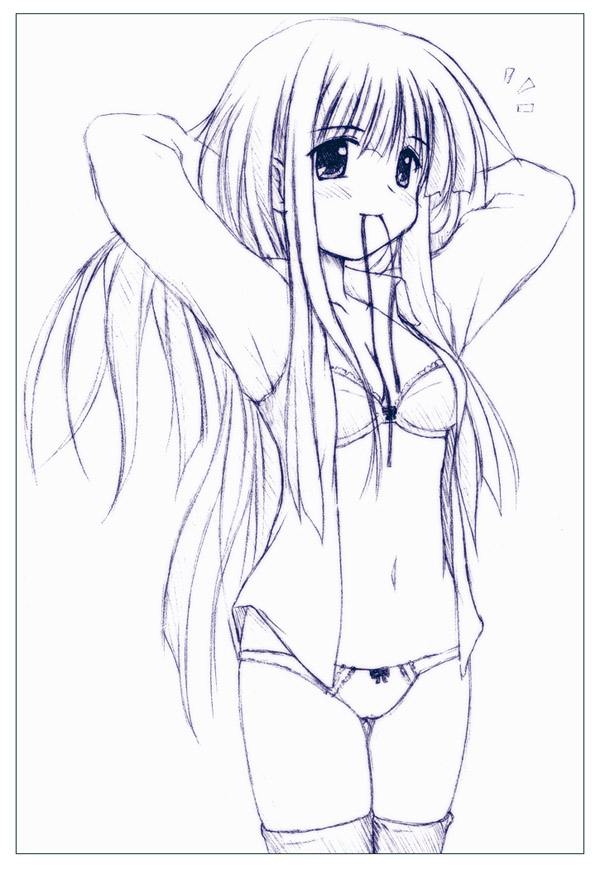 asagi michiyo, mahoraba, 00s, monochrome, panties, sketch, thighhighs, underwear