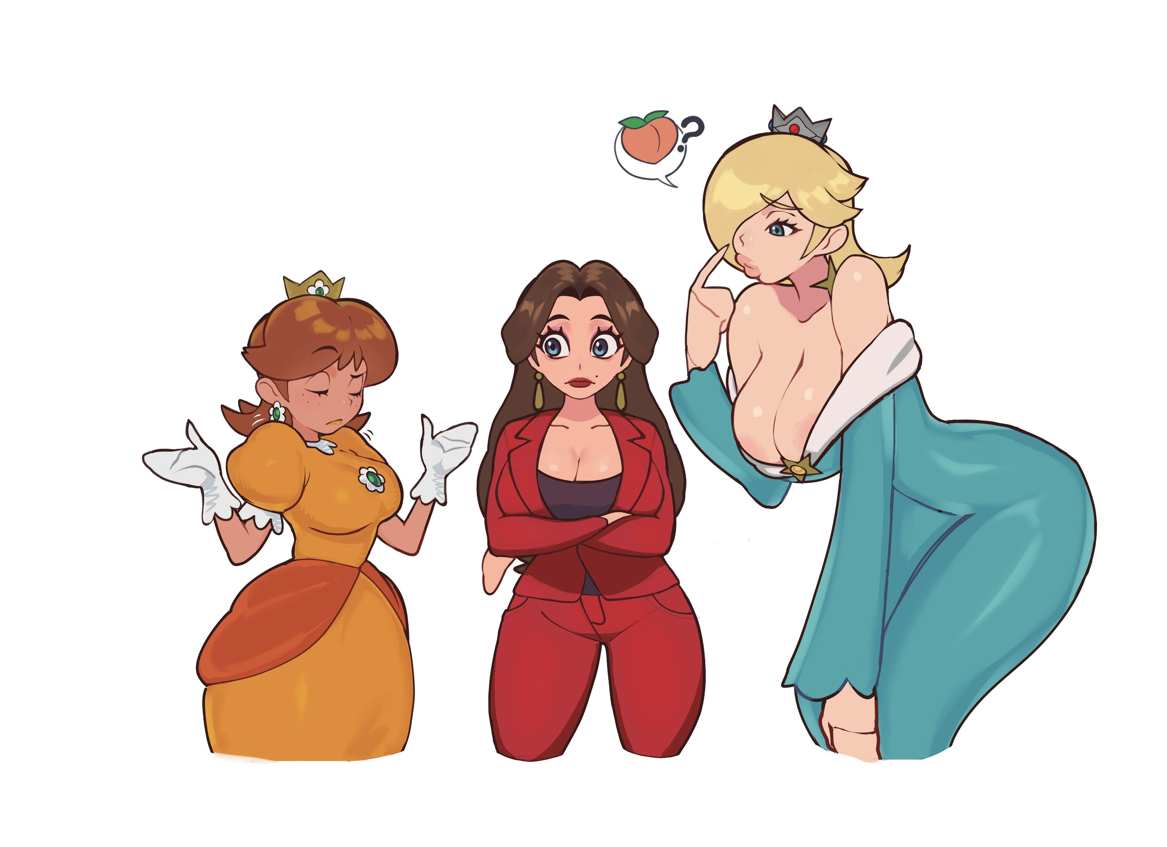 bu55top, pauline (mario), princess daisy, rosalina, mario (series), nintendo, the super mario bros. movie, absurdres, highres, 3girls, areola slip, bare shoulders, blonde hair, blue dress, breasts, brown hair, cleavage, cropped legs, dress, frown, gloves, hair intakes, jacket, large breasts, leaning forward, lips, multiple girls, orange dress, pants, red jacket, red pants, simple background, strapless, strapless dress, tall female, white gloves