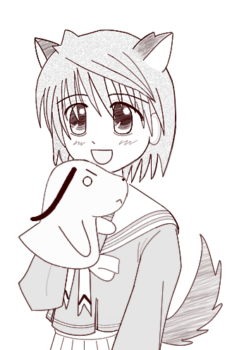 johnny ryuusei, shiratori ryushi, mahoraba, lowres, 00s, 1boy, animal ears, cat boy, cat ears, cat tail, male focus, monochrome, puppet, school uniform, serafuku, sketch, solo, tail, trap, white background