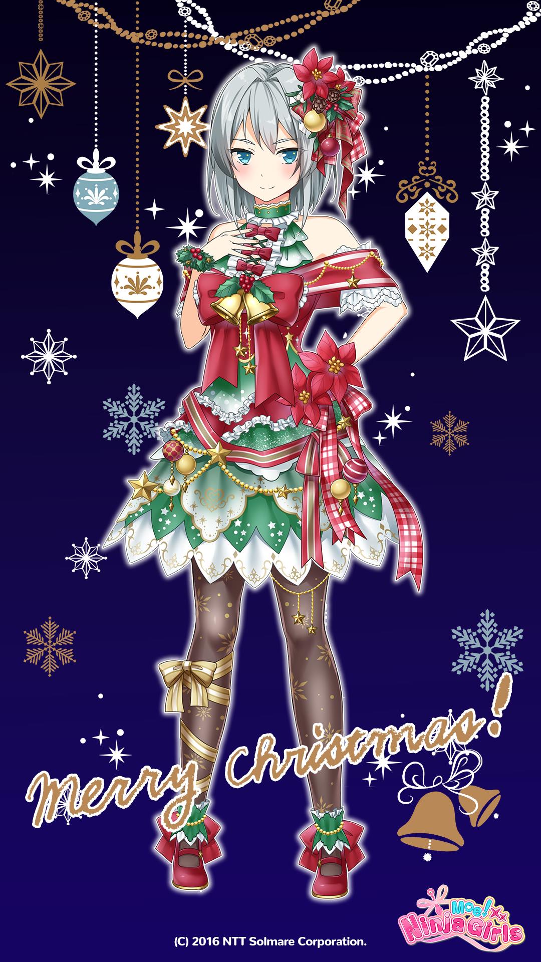 machiyuki ricka, moe! ninja girls, ntt solmare, commentary, highres, official art, 1girl, alternate costume, bare shoulders, blue eyes, blush, breasts, christmas, closed mouth, company name, copyright name, copyright notice, dress, full body, fur trim, gradient background, grey hair, logo, looking at viewer, merry christmas, pantyhose, red ribbon, ribbon, santa costume, santa dress, snowflakes, solo, star (symbol)