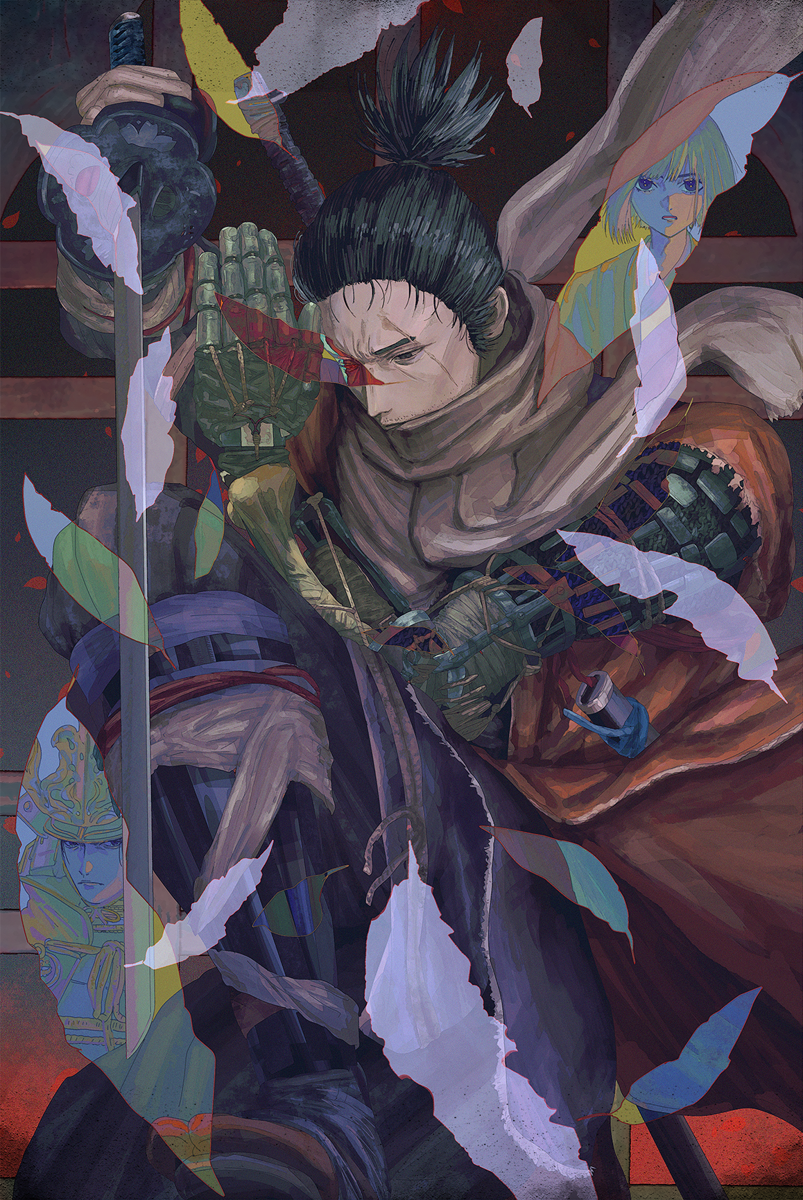yorunue ro, sekiro, sekiro: shadows die twice, highres, 1boy, black hair, coat, holding, holding sword, holding weapon, katana, male focus, orange coat, ponytail, prosthesis, prosthetic arm, scarf, short hair, solo, sword, topknot, weapon