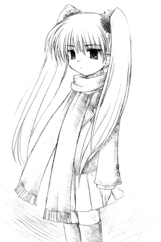 minazuki mahiru, mahoraba, 00s, 1girl, female focus, monochrome, sketch, solo, thighhighs