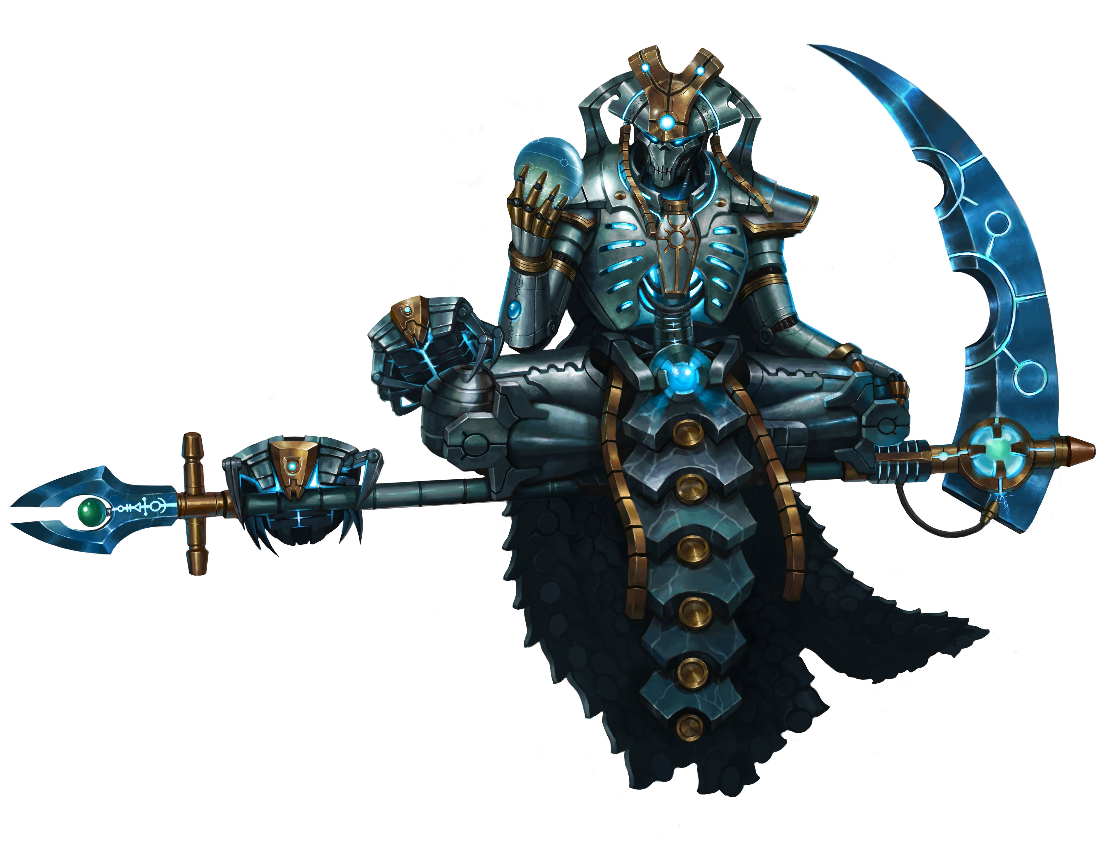 kheljay, necron, warhammer 40k, absurdres, highres, alien, crossed legs, full body, holding orb, humanoid robot, looking at object, necron overlord, non-humanoid robot, robot, scythe, sitting, white background