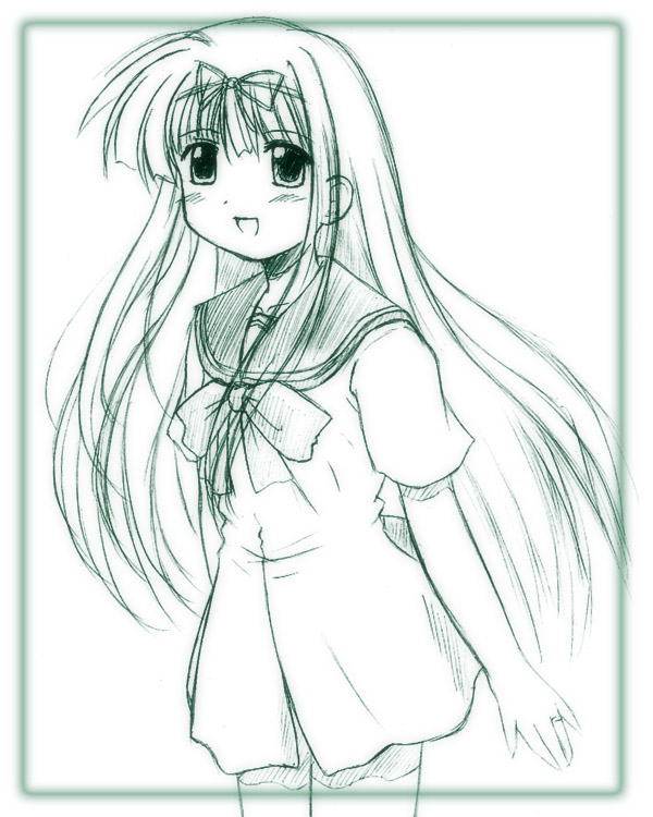 shiratori ryuuko, mahoraba, 00s, 1boy, dress, long hair, male focus, monochrome, sailor collar, school uniform, serafuku, sketch, solo, trap, white background