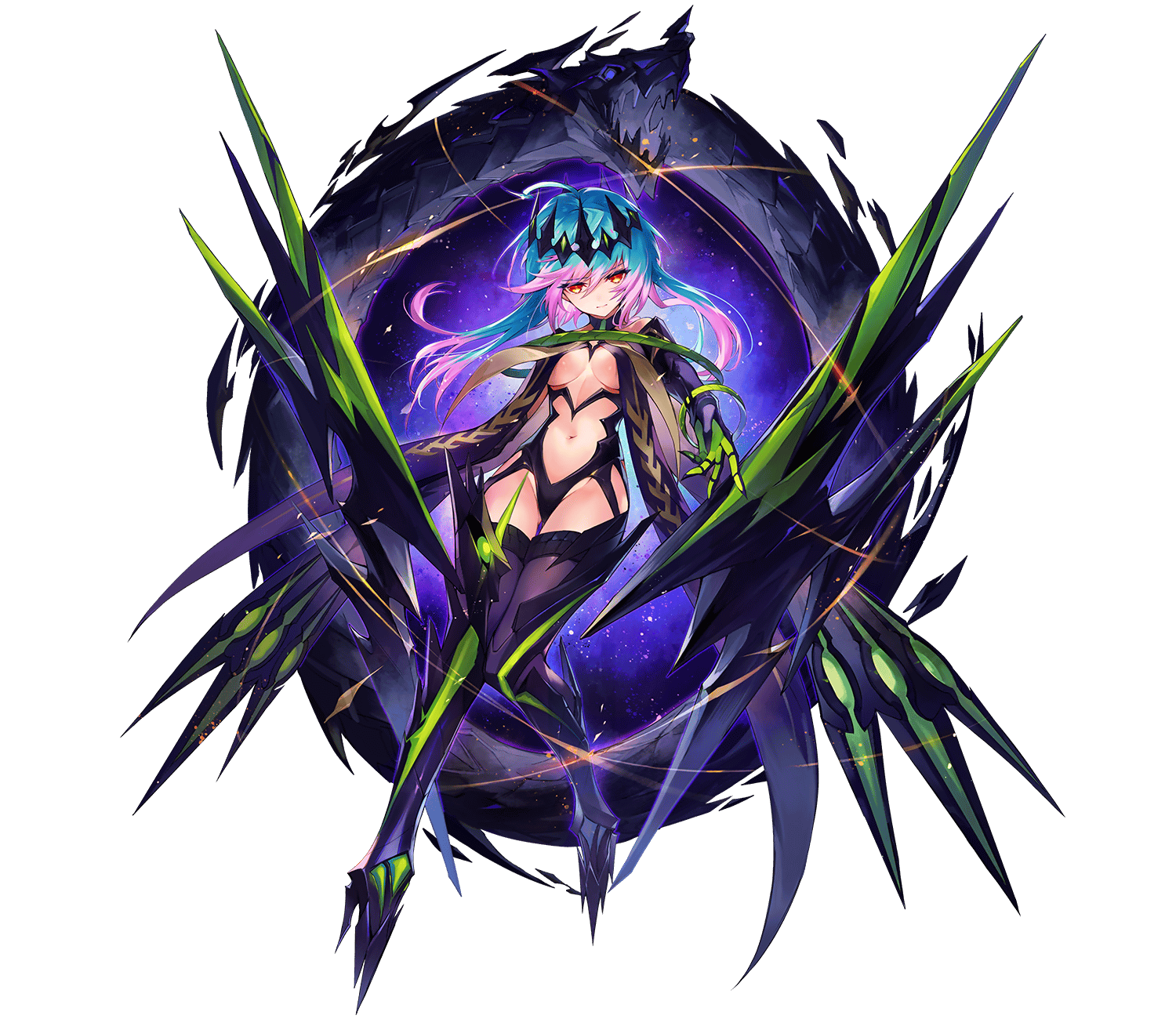 shibuhiko, cassius (phantom of the kill), phantom of the kill, highres, official art, third-party source, 1girl, ahoge, armored boots, boots, breast curtains, breasts, closed mouth, clothing cutout, expressionless, floating hair, full body, gradient hair, green hair, hair between eyes, high heel boots, high heels, looking at viewer, midriff, multicolored hair, official alternate costume, orange eyes, purple boots, purple hair, simple background, solo, stomach cutout, thigh boots, transparent background, two-tone hair